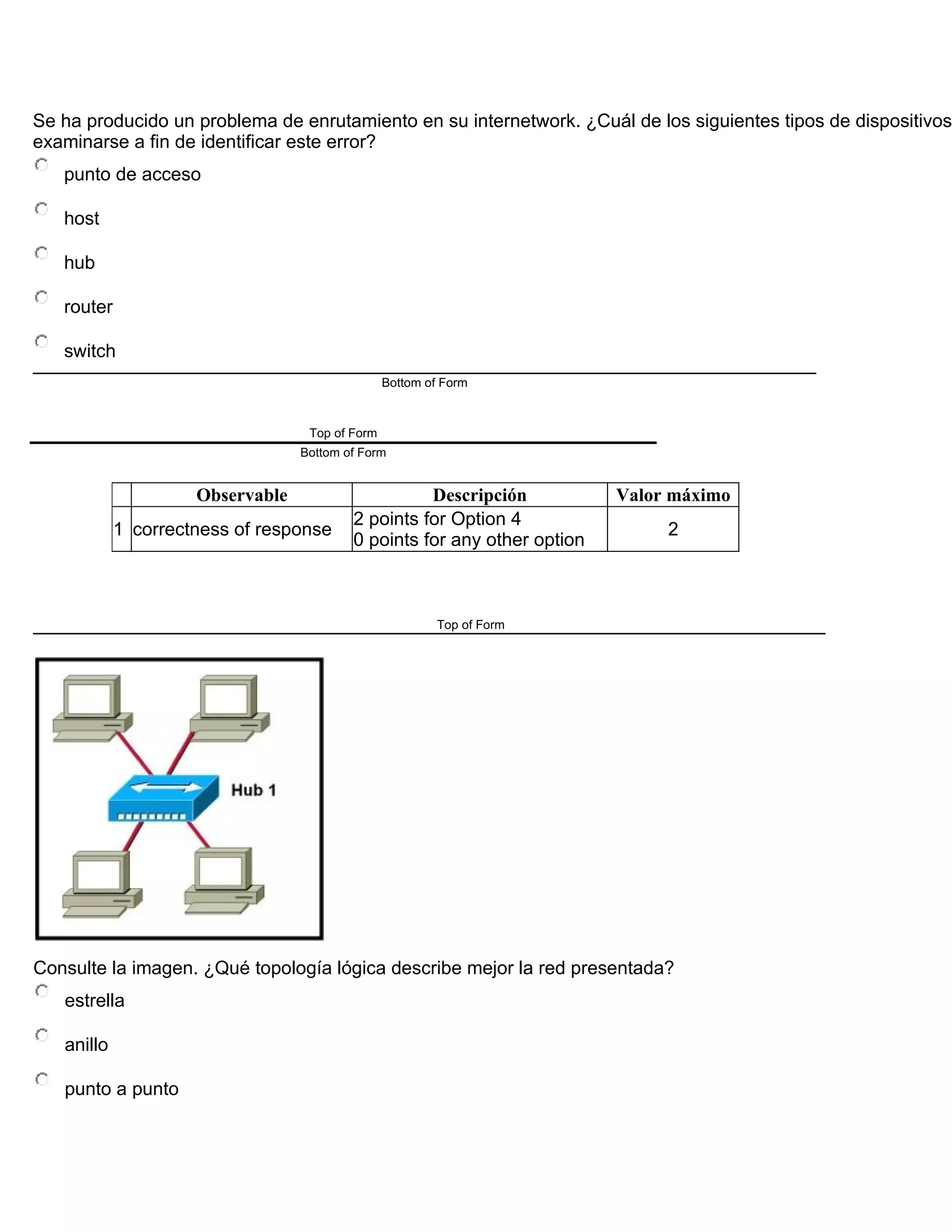 Se ha producido un problema de enrutamiento en su internetwork. ¿Cuál de los siguientes tipos de dispositivos
examinarse a fin de identificar este error?
punto de acceso
host
hub
router
switch
Bottom of Form
Top of Form
Bottom of Form
Observable Descripción Valor máximo
1 correctness of response
2 points for Option 4
0 points for any other option
2
Top of Form
Consulte la imagen. ¿Qué topología lógica describe mejor la red presentada?
estrella
anillo
punto a punto
 
