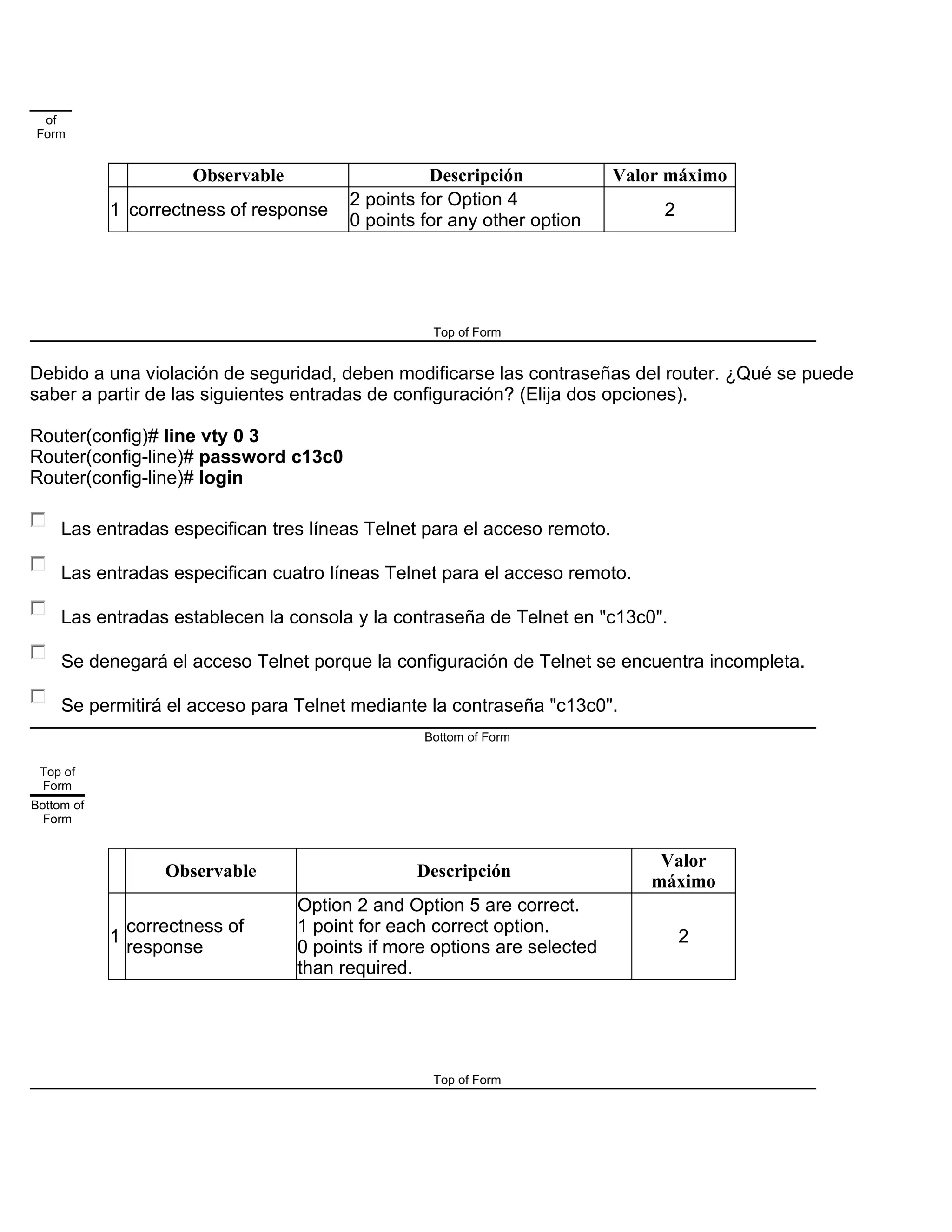 of
Form
Observable Descripción Valor máximo
1 correctness of response
2 points for Option 4
0 points for any other option
2
Top of Form
Debido a una violación de seguridad, deben modificarse las contraseñas del router. ¿Qué se puede
saber a partir de las siguientes entradas de configuración? (Elija dos opciones).
Router(config)# line vty 0 3
Router(config-line)# password c13c0
Router(config-line)# login
Las entradas especifican tres líneas Telnet para el acceso remoto.
Las entradas especifican cuatro líneas Telnet para el acceso remoto.
Las entradas establecen la consola y la contraseña de Telnet en "c13c0".
Se denegará el acceso Telnet porque la configuración de Telnet se encuentra incompleta.
Se permitirá el acceso para Telnet mediante la contraseña "c13c0".
Bottom of Form
Top of
Form
Bottom of
Form
Observable Descripción
Valor
máximo
1
correctness of
response
Option 2 and Option 5 are correct.
1 point for each correct option.
0 points if more options are selected
than required.
2
Top of Form
 