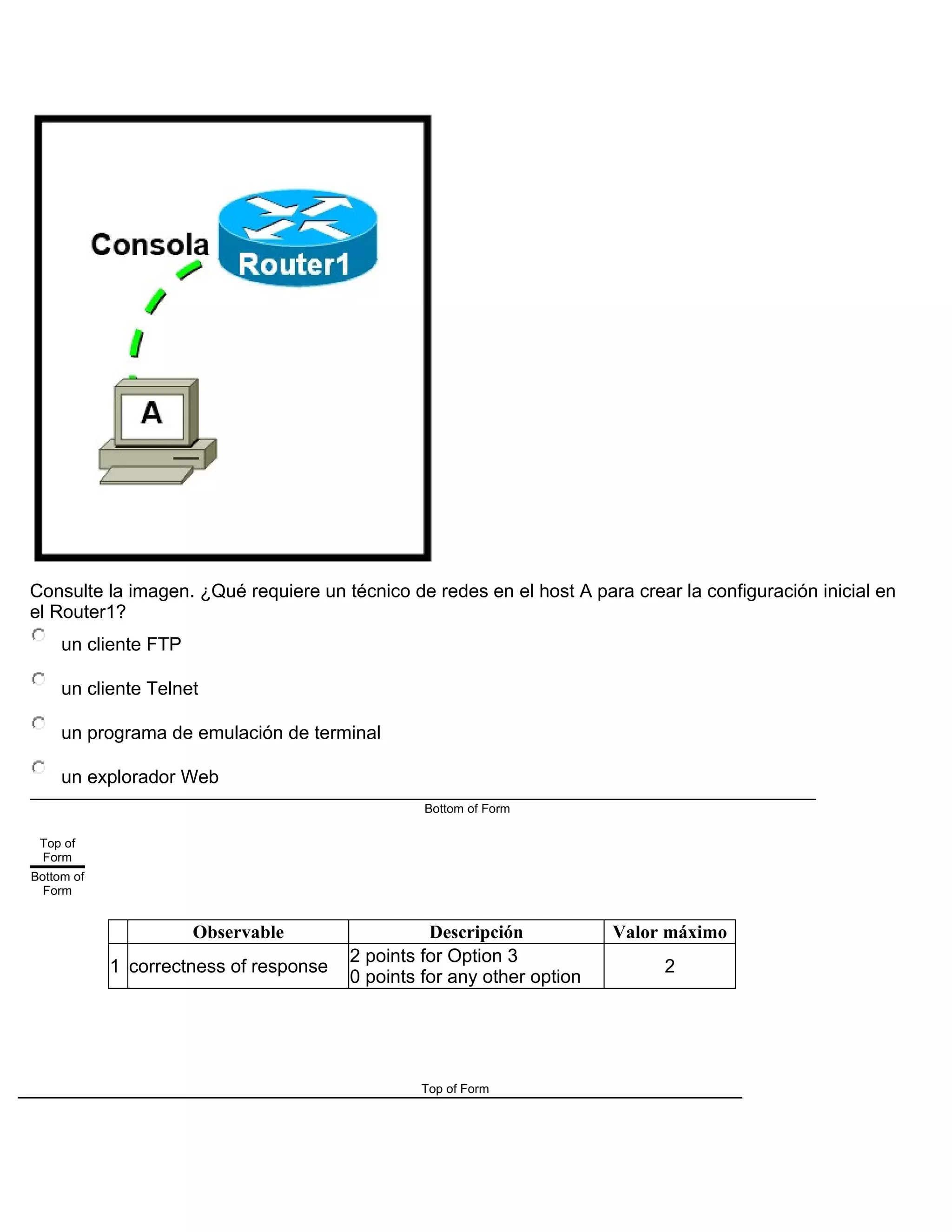 Consulte la imagen. ¿Qué requiere un técnico de redes en el host A para crear la configuración inicial en
el Router1?
un cliente FTP
un cliente Telnet
un programa de emulación de terminal
un explorador Web
Bottom of Form
Top of
Form
Bottom of
Form
Observable Descripción Valor máximo
1 correctness of response
2 points for Option 3
0 points for any other option
2
Top of Form
 