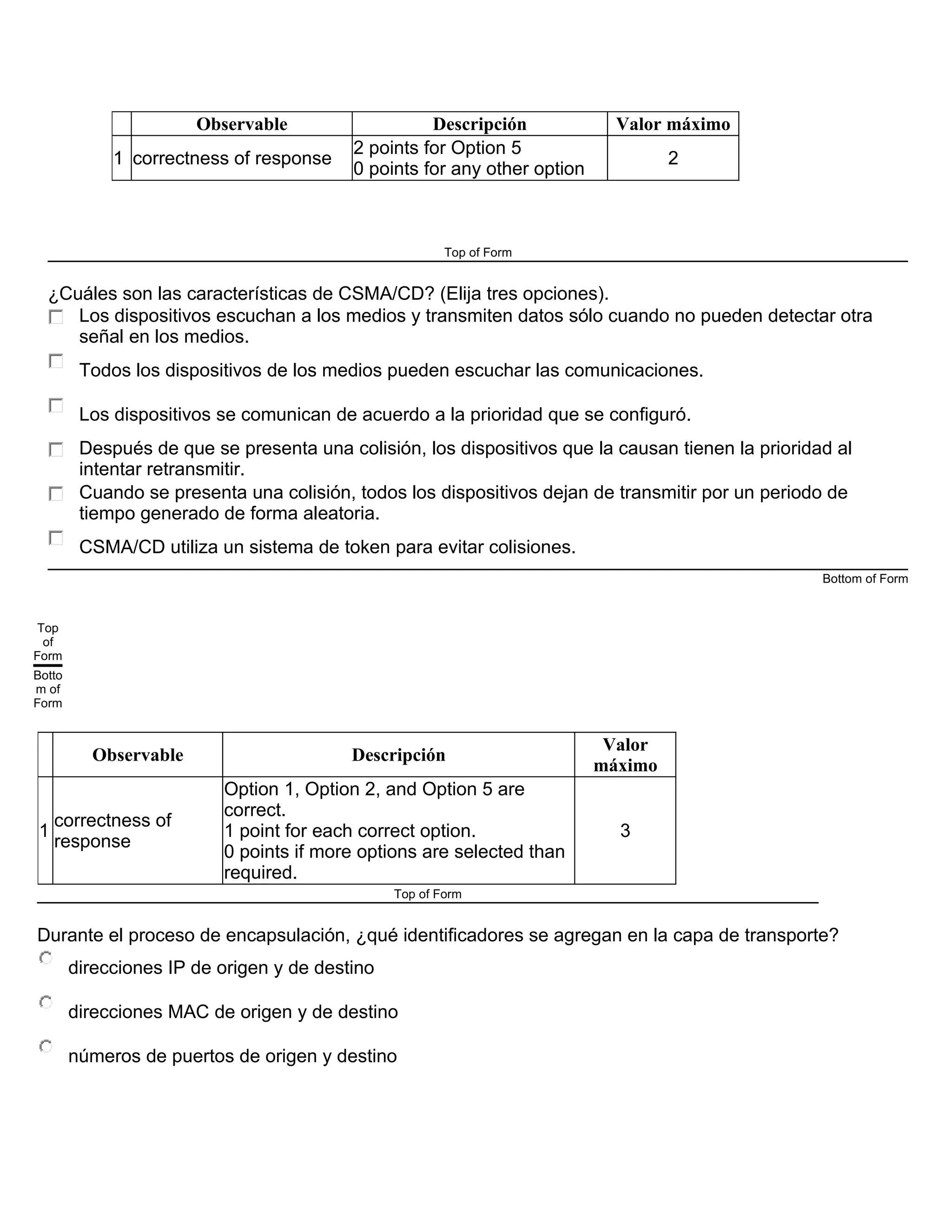 Observable Descripción Valor máximo
1 correctness of response
2 points for Option 5
0 points for any other option
2
Top of Form
¿Cuáles son las características de CSMA/CD? (Elija tres opciones).
Los dispositivos escuchan a los medios y transmiten datos sólo cuando no pueden detectar otra
señal en los medios.
Todos los dispositivos de los medios pueden escuchar las comunicaciones.
Los dispositivos se comunican de acuerdo a la prioridad que se configuró.
Después de que se presenta una colisión, los dispositivos que la causan tienen la prioridad al
intentar retransmitir.
Cuando se presenta una colisión, todos los dispositivos dejan de transmitir por un periodo de
tiempo generado de forma aleatoria.
CSMA/CD utiliza un sistema de token para evitar colisiones.
Bottom of Form
Top
of
Form
Botto
m of
Form
Observable Descripción
Valor
máximo
1
correctness of
response
Option 1, Option 2, and Option 5 are
correct.
1 point for each correct option.
0 points if more options are selected than
required.
3
Top of Form
Durante el proceso de encapsulación, ¿qué identificadores se agregan en la capa de transporte?
direcciones IP de origen y de destino
direcciones MAC de origen y de destino
números de puertos de origen y destino
 