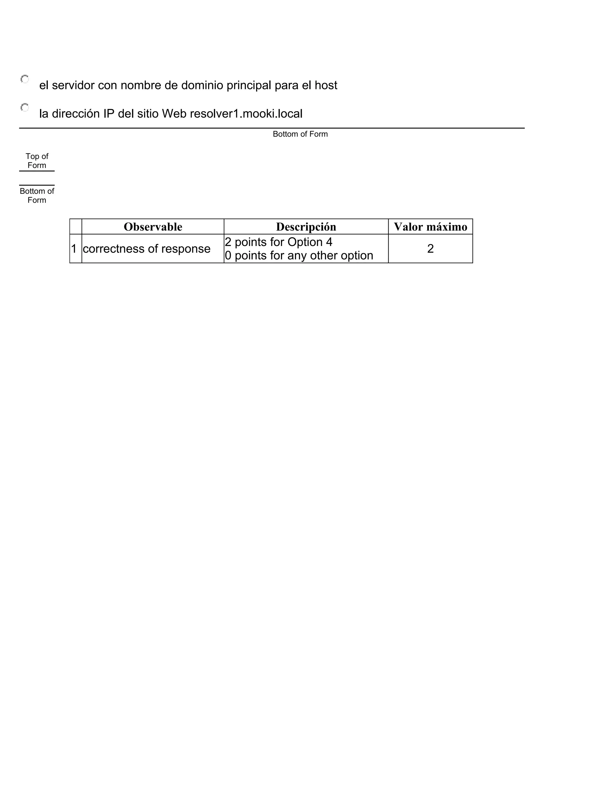 el servidor con nombre de dominio principal para el host
la dirección IP del sitio Web resolver1.mooki.local
Bottom of Form
Top of
Form
Bottom of
Form
Observable Descripción Valor máximo
1 correctness of response
2 points for Option 4
0 points for any other option
2
 