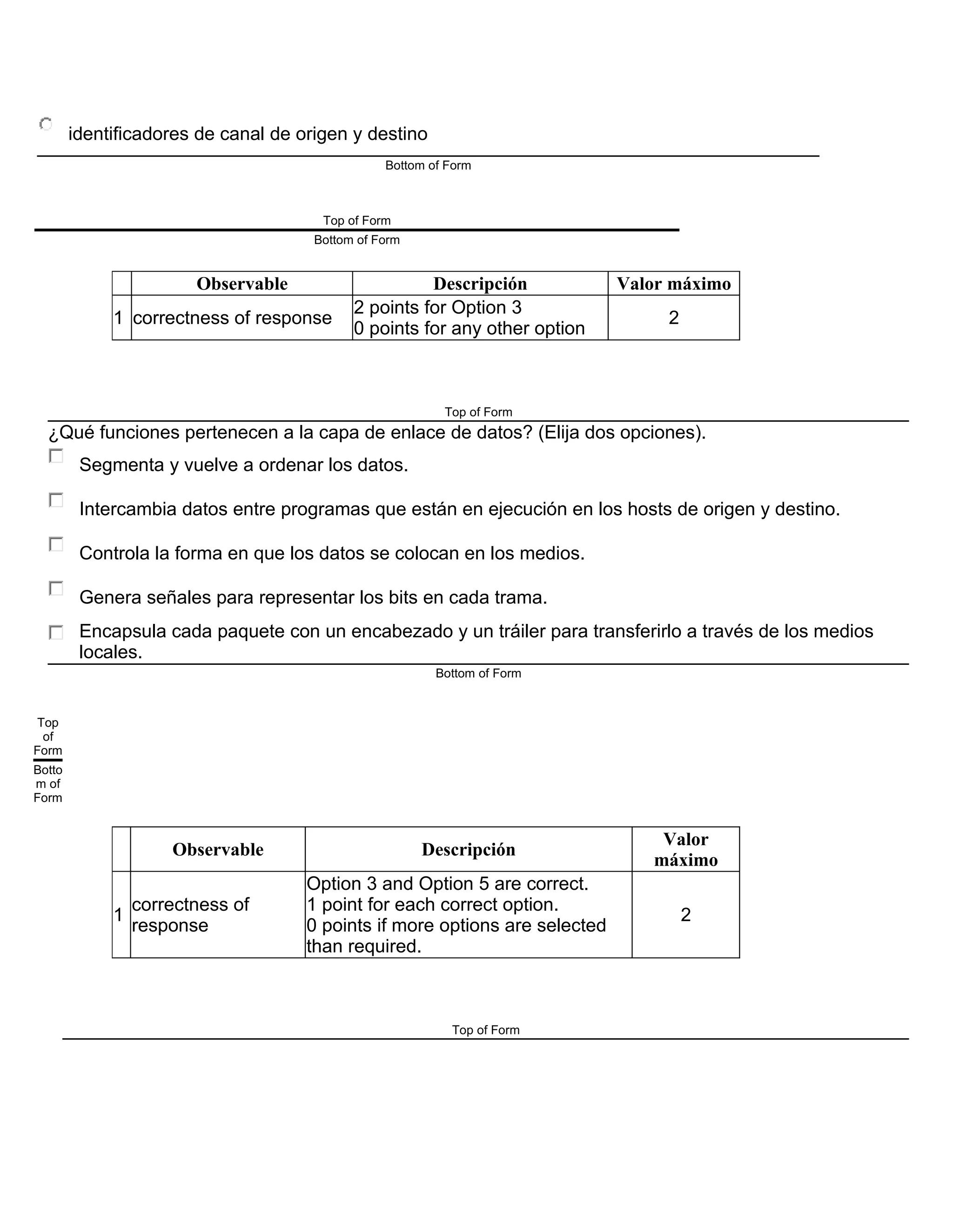 identificadores de canal de origen y destino
Bottom of Form
Top of Form
Bottom of Form
Observable Descripción Valor máximo
1 correctness of response
2 points for Option 3
0 points for any other option
2
Top of Form
¿Qué funciones pertenecen a la capa de enlace de datos? (Elija dos opciones).
Segmenta y vuelve a ordenar los datos.
Intercambia datos entre programas que están en ejecución en los hosts de origen y destino.
Controla la forma en que los datos se colocan en los medios.
Genera señales para representar los bits en cada trama.
Encapsula cada paquete con un encabezado y un tráiler para transferirlo a través de los medios
locales.
Bottom of Form
Top
of
Form
Botto
m of
Form
Observable Descripción
Valor
máximo
1
correctness of
response
Option 3 and Option 5 are correct.
1 point for each correct option.
0 points if more options are selected
than required.
2
Top of Form
 