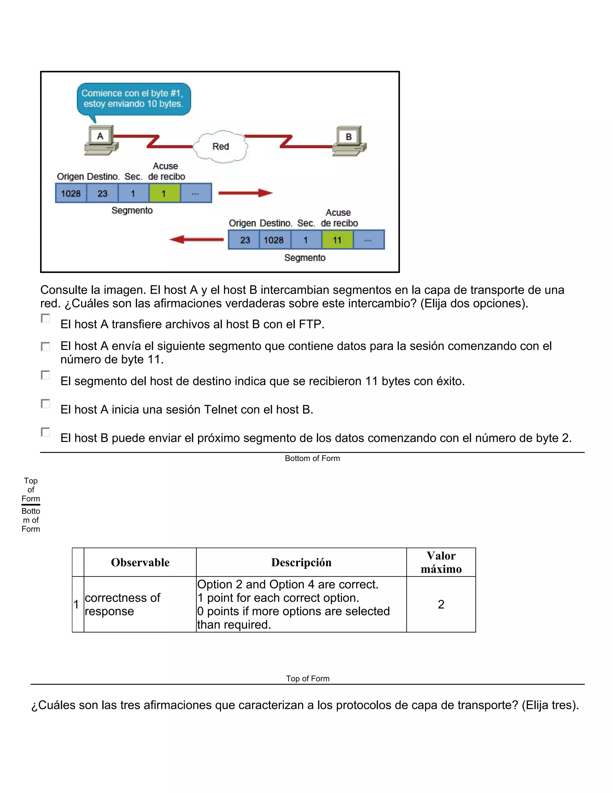 Consulte la imagen. El host A y el host B intercambian segmentos en la capa de transporte de una
red. ¿Cuáles son las afirmaciones verdaderas sobre este intercambio? (Elija dos opciones).
El host A transfiere archivos al host B con el FTP.
El host A envía el siguiente segmento que contiene datos para la sesión comenzando con el
número de byte 11.
El segmento del host de destino indica que se recibieron 11 bytes con éxito.
El host A inicia una sesión Telnet con el host B.
El host B puede enviar el próximo segmento de los datos comenzando con el número de byte 2.
Bottom of Form
Top
of
Form
Botto
m of
Form
Observable Descripción
Valor
máximo
1
correctness of
response
Option 2 and Option 4 are correct.
1 point for each correct option.
0 points if more options are selected
than required.
2
Top of Form
¿Cuáles son las tres afirmaciones que caracterizan a los protocolos de capa de transporte? (Elija tres).
 