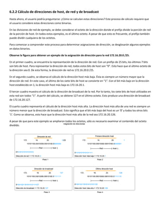 6.2.2 Cálculo de direcciones de host, de red y de broadcast 
Hasta ahora, el usuario podría preguntarse: ¿Cómo se calculan estas direcciones? Este proceso de cálculo requiere que 
el usuario considere estas direcciones como binarias.  
En las divisiones de red de ejemplo, se debe considerar el octeto de la dirección donde el prefijo divide la porción de red 
de la porción de host. En todos estos ejemplos, es el último octeto. A pesar de que esto es frecuente, el prefijo también 
puede dividir cualquiera de los octetos.  
Para comenzar a comprender este proceso para determinar asignaciones de dirección, se desglosarán algunos ejemplos 
en datos binarios.  
Observe la figura para obtener un ejemplo de la asignación de dirección para la red 172.16.20.0 /25. 
En el primer cuadro, se encuentra la representación de la dirección de red. Con un prefijo de 25 bits, los últimos 7 bits 
son bits de host. Para representar la dirección de red, todos estos bits de host son “0”. Esto hace que el último octeto de 
la dirección sea 0. De esta forma, la dirección de red es 172.16.20.0 /25. 
En el segundo cuadro, se observa el cálculo de la dirección host más baja. Ésta es siempre un número mayor que la 
dirección de red. En este caso, el último de los siete bits de host se convierte en “1”. Con el bit más bajo en la dirección 
host establecido en 1, la dirección host más baja es 172.16.20.1. 
El tercer cuadro muestra el cálculo de la dirección de broadcast de la red. Por lo tanto, los siete bits de host utilizados en 
esta red son todos “1”. A partir del cálculo, se obtiene 127 en el último octeto. Esto produce una dirección de broadcast 
de 172.16.20.127. 
El cuarto cuadro representa el cálculo de la dirección host más alta. La dirección host más alta de una red es siempre un 
número menor que la dirección de broadcast. Esto significa que el bit más bajo del host es un ‘0’ y todos los otros bits 
‘1’. Como se observa, esto hace que la dirección host más alta de la red sea 172.16.20.126. 
A pesar de que para este ejemplo se ampliaron todos los octetos, sólo es necesario examinar el contenido del octeto 
dividido. 
 
 
 
 
 
 
 
 
 
 
 
