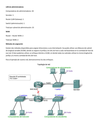 LAN de administradores 
Computadoras de administradores: 20  
Servidor: 1 
Router (LAN Gateway): 1 
Switch (administración): 1 
Total por subred de administración: 23 
WAN  
Router – Router WAN: 2 
Total por WAN: 2 
Métodos de asignación 
Existen dos métodos disponibles para asignar direcciones a una internetwork. Se puede utilizar una Máscara de subred 
de longitud variable (VLSM), donde se asignan el prefijo y los bits de host a cada red basándose en la cantidad de host de 
esa red. O bien podemos utilizar un enfoque distinto a VLSM, en donde todas las subredes utilizan la misma longitud de 
prefijo y la misma cantidad de bits del host. 
Para el ejemplo de nuestra red, demostraremos los dos enfoques. 
 
 