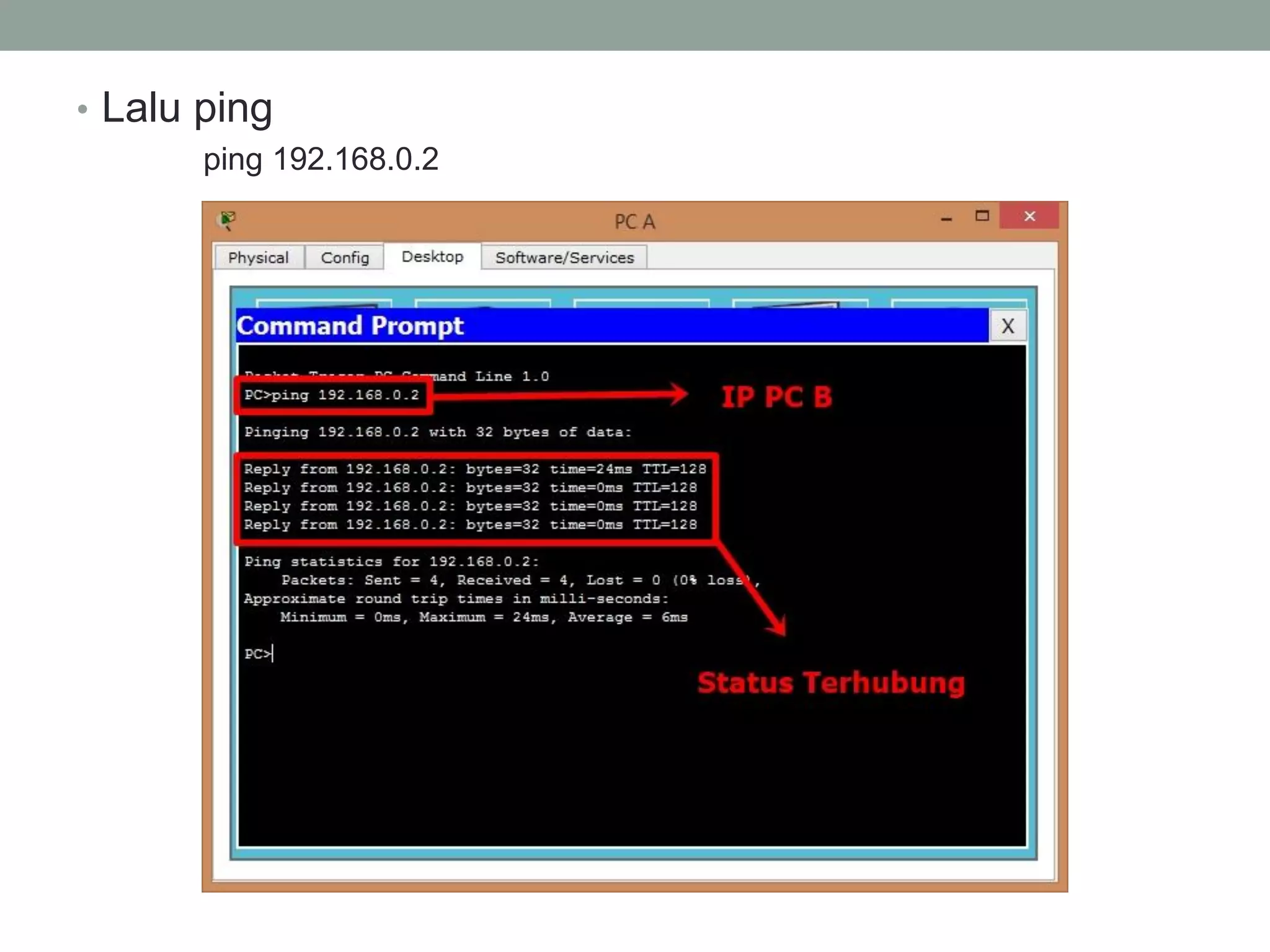 •Lalu ping 
ping 192.168.0.2  