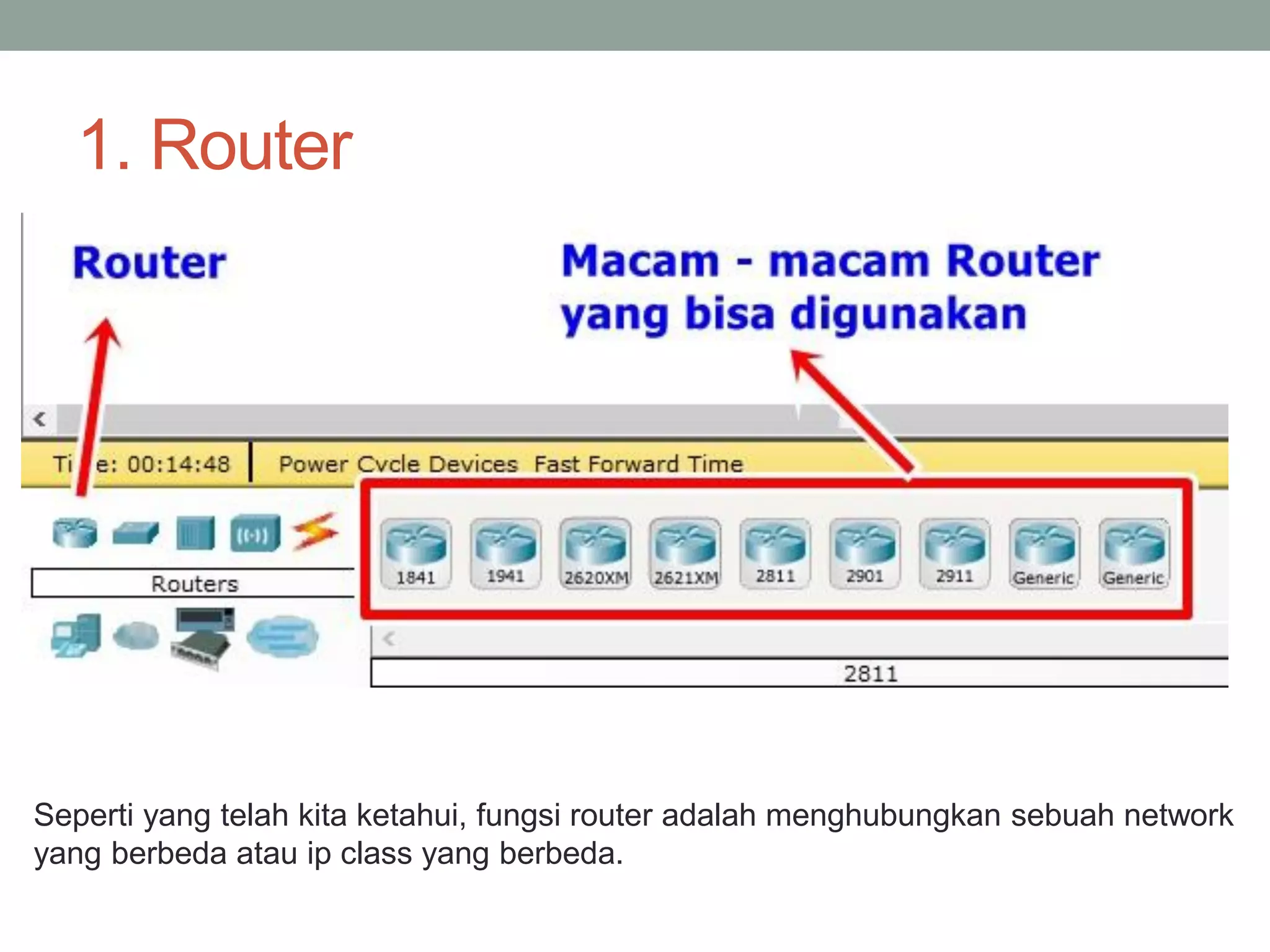 1. Router 
Seperti yang telah kita ketahui, fungsi router adalah menghubungkan sebuah network 
yang berbeda atau ip class yang berbeda.  