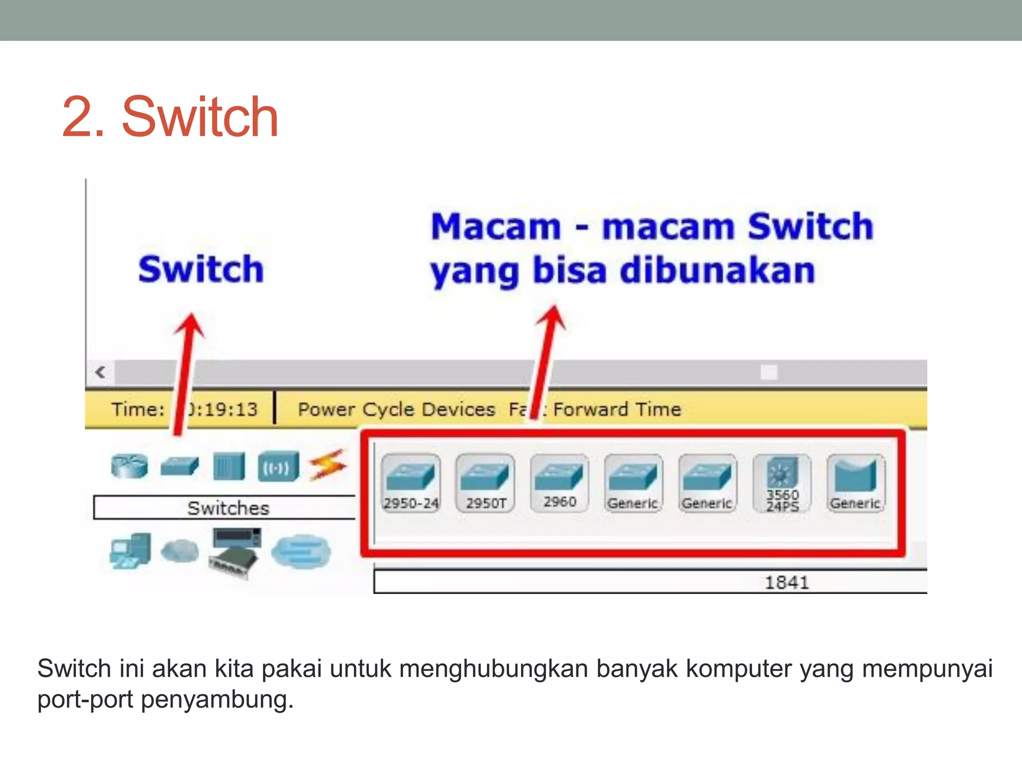 2. Switch 
Switch ini akan kita pakai untuk menghubungkan banyak komputer yang mempunyai 
port-port penyambung.  