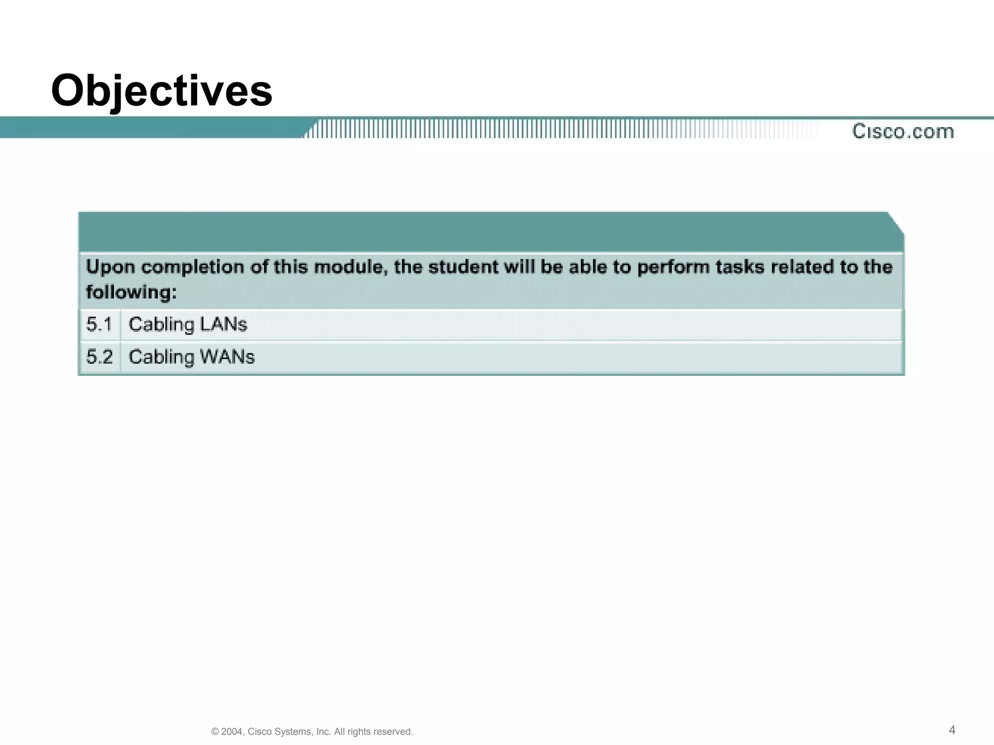 Objectives




       © 2004, Cisco Systems, Inc. All rights reserved.   4
 
