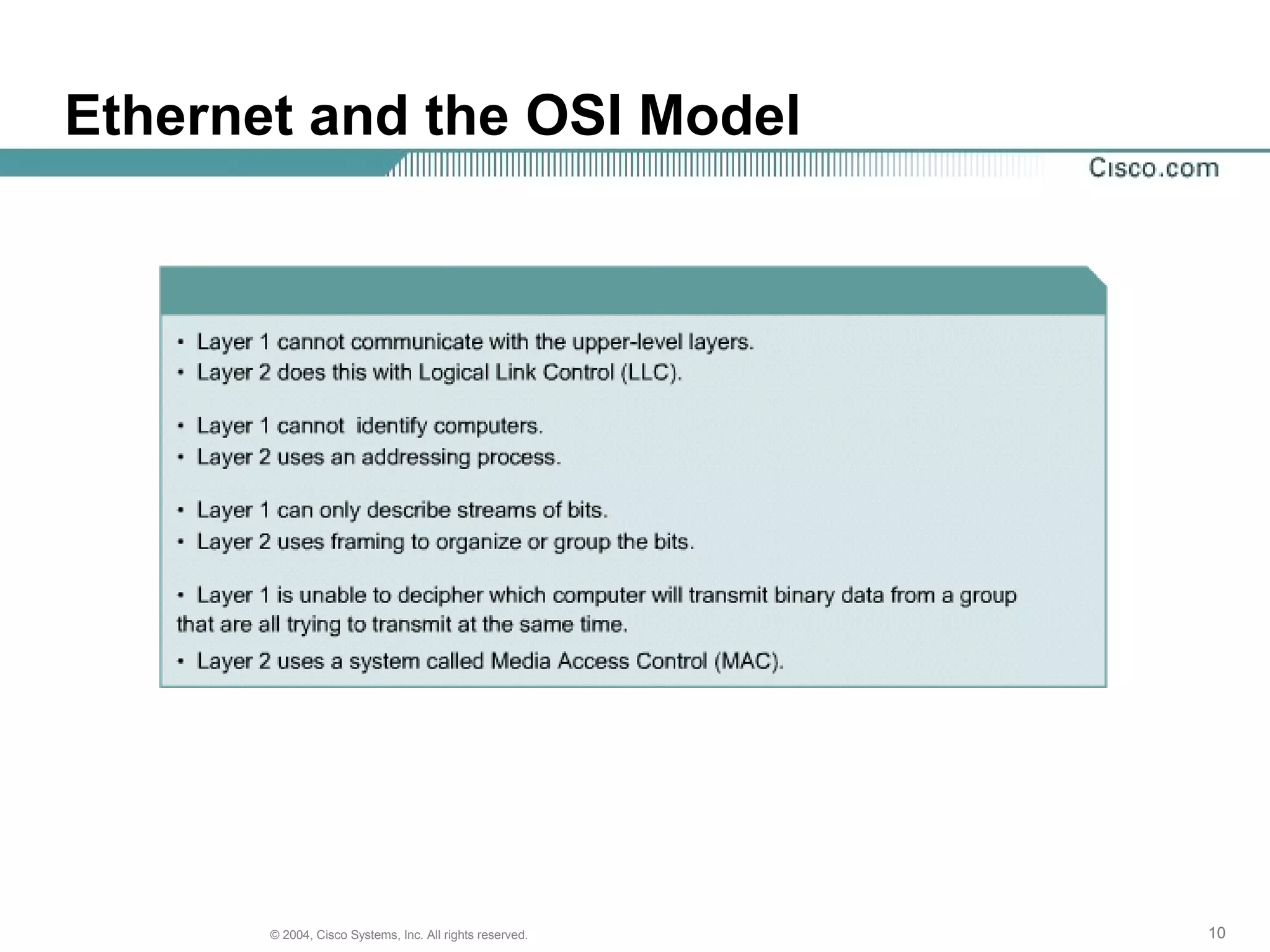 Ethernet and the OSI Model




       © 2004, Cisco Systems, Inc. All rights reserved.   10
 