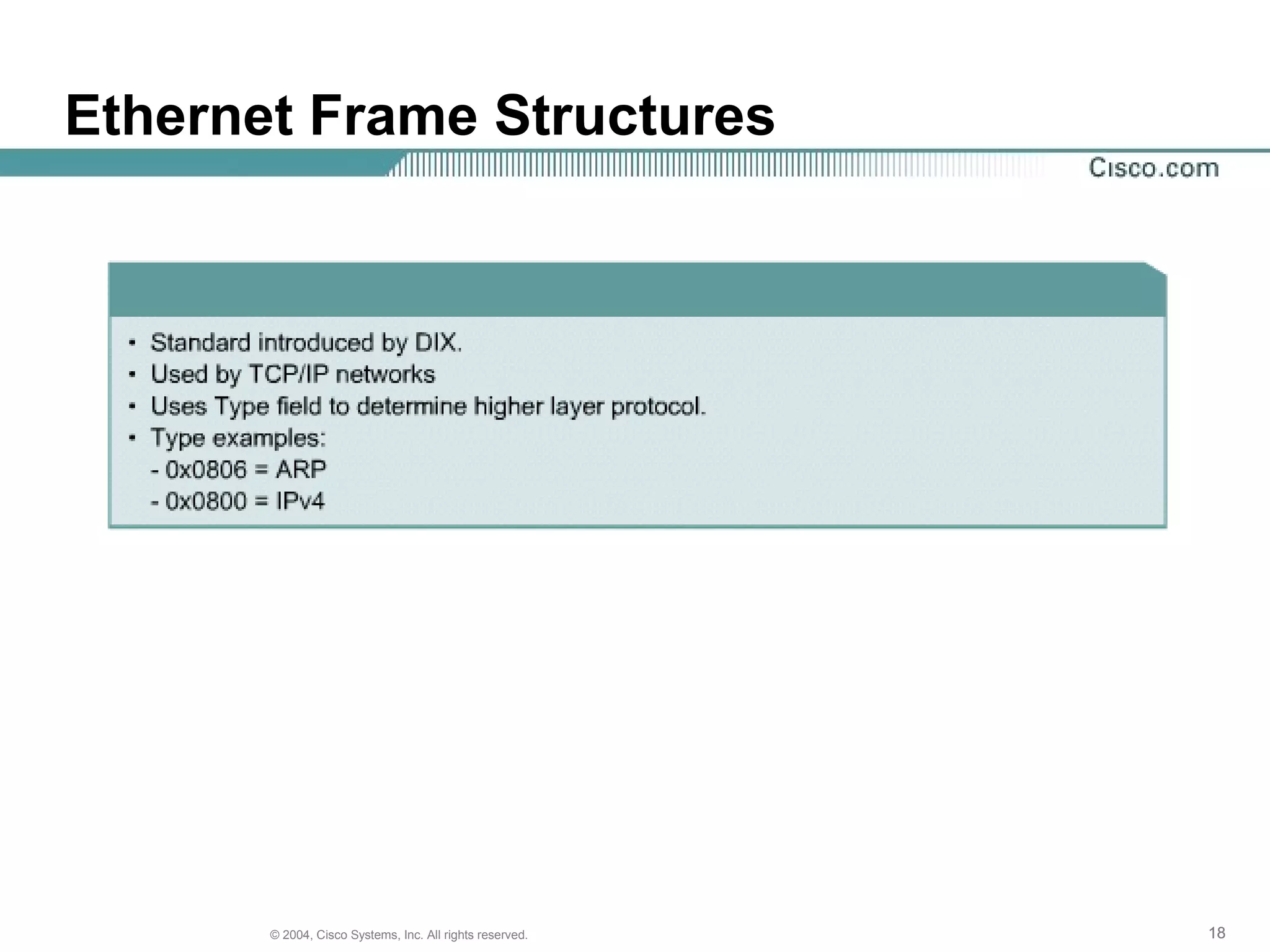 Ethernet Frame Structures




       © 2004, Cisco Systems, Inc. All rights reserved.   18
 