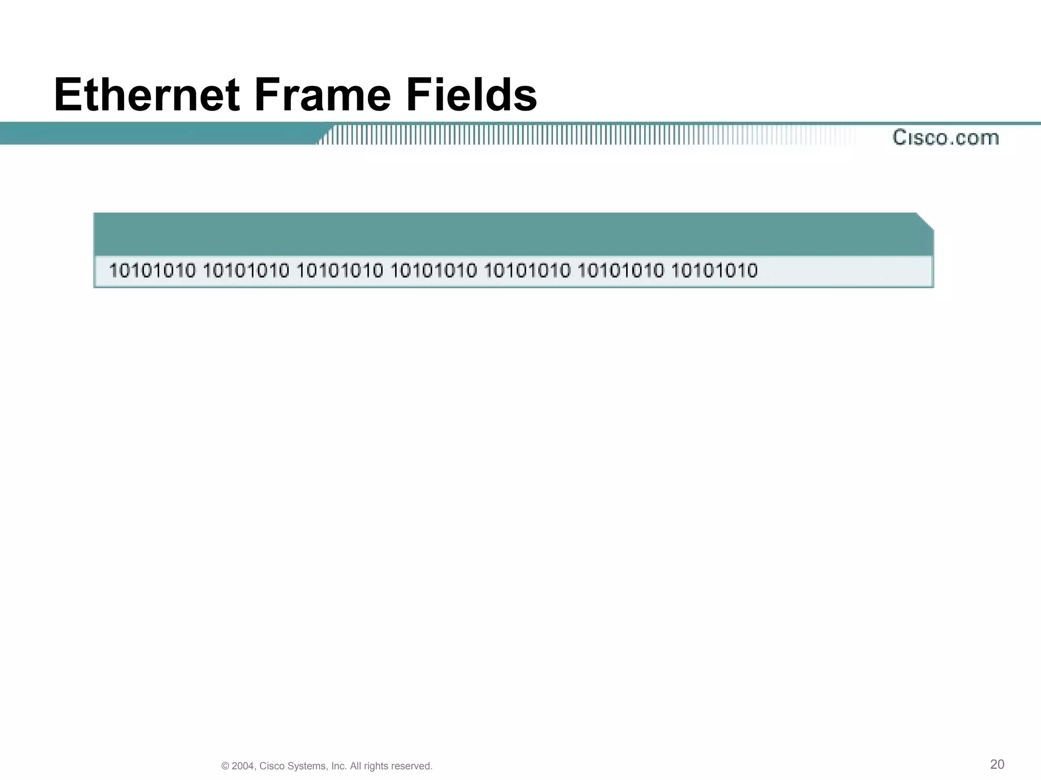 Ethernet Frame Fields




       © 2004, Cisco Systems, Inc. All rights reserved.   20
 