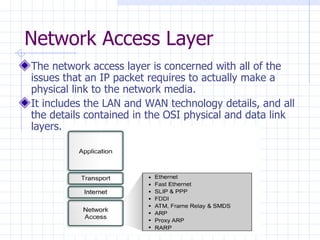 Network Access Layer The network access layer is concerned with all of the issues that an IP packet requires to actually make a physical link to the network media. It includes the LAN and WAN technology details, and all the details contained in the OSI physical and data   link layers.  