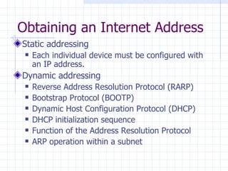 Obtaining an Internet Address Static addressing Each individual device must be configured with an IP address . Dynamic addressing Reverse Address Resolution Protocol (RARP) Bootstrap Protocol (BOOTP) Dynamic Host Configuration Protocol  (DHCP) DHCP initialization sequence Function of the Address Resolution Protocol ARP operation within a subnet 