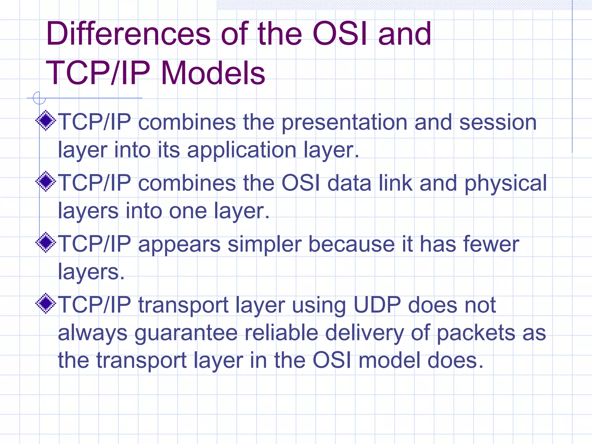 Differences of the OSI and
TCP/IP Models
TCP/IP combines the presentation and session
layer into its application layer.
TCP/IP combines the OSI data link and physical
layers into one layer.
TCP/IP appears simpler because it has fewer
layers.
TCP/IP transport layer using UDP does not
always guarantee reliable delivery of packets as
the transport layer in the OSI model does.
 
