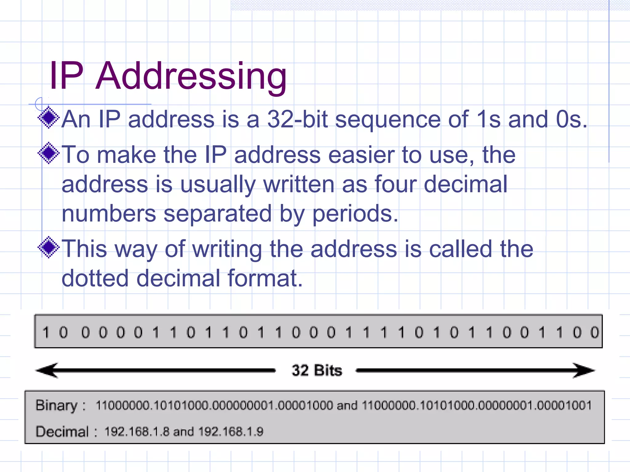 IP Addressing
An IP address is a 32-bit sequence of 1s and 0s.
To make the IP address easier to use, the
address is usually written as four decimal
numbers separated by periods.
This way of writing the address is called the
dotted decimal format.
 