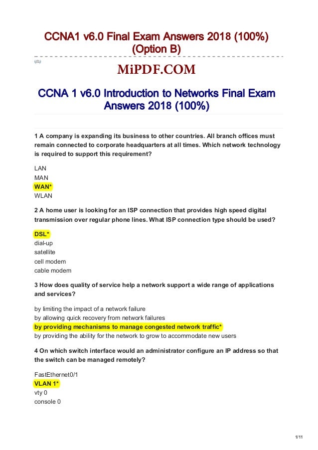 Introduction To Networks Final Exam Answers