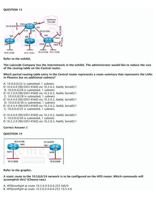 QUESTION 13
Refer to the exhibit.
The Lakeside Company has the internetwork in the exhibit. The administrator would like to reduce the size
of the routing table on the Central router.
Which partial routing table entry in the Central router represents a route summary that represents the LANs
in Phoenix but no additional subnets?
A. 10.0.0.0/22 is subnetted, 1 subnets
D 10.0.0.0 [90/20514560] via 10.2.0.2, 6w0d, Serial0/1
B. 10.0.0.0/28 is subnetted, 1 subnets
D 10 2 0.0 [90/20514560] via 10.2.0.2, 6w0d, Serial0/1
C. 10.0.0.0/28 is subnetted, 1 subnets
D 10.4.4.0 [90/20514560] via 10.2.0.2, 6w0d, Serial0/1
D. 10.0.0.0/30 is subnetted, 1 subnets
D 10.4.4.4 [90/20514560] via 10.2.0.2, 6w0d, Serial0/1
E. 10.0.0.0/22 is subnetted, 1 subnets
D 10.4.0.0 [90/20514560] via 10.2.0.2, 6w0d, Serial0/1
F. 10.0.0.0/30 is subnetted, 1 subnets
D 10.2.2.0 [90/20514560] via 10.2.0.2, 6w0d, Serial0/1
Correct Answer: E
QUESTION 14
Refer to the graphic.
A static route to the 10.5.6.0/24 network is to be configured on the HFD router. Which commands will
accomplish this? (Choose two.)
A. HFD(config)# ip route 10.5.6.0 0.0.0.255 fa0/0
B. HFD(config)# ip route 10.5.6.0 0.0.0.255 10.5.4.6
 
