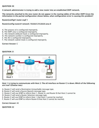 QUESTION 30
A network administrator is trying to add a new router into an established OSPF network.
The networks attached to the new router do not appear in the routing tables of the other OSPF Given the
information in the partial configuration shown below, what configuration error is causing this problem?
Router(config)# router ospf 1
Router(config-router)# network 10.0.0.0 255.0.0.0 area 0
A. The process id is configured improperly.
B. The OSPF area is configured improperly.
C. The network wildcard mask is configured improperly.
D. The network number is configured improperly.
E. The AS is configured improperly.
F. The network subnet mask is configured improperly.
Correct Answer: C
QUESTION 31
Host 1 is trying to communicate with Host 2. The e0 interface on Router C is down. Which of the following
are true? (Choose two.)
A. Router C will send a Destination Unreachable message type.
B. Router C will send a Source Quench message type.
C. Router C will use ICMP to inform Host 1, Router A, and Router B that Host 2 cannot be
D. Router C will send a Router Selection message type.
E. Router C will use ICMP to inform Host 1 that Host 2 cannot be reached.
F. Router C will use ICMP to inform Router B that Host 2 cannot be reached.
Correct Answer: AE
QUESTION 32
 