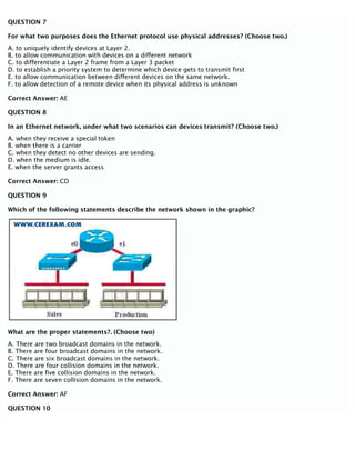 QUESTION 7
For what two purposes does the Ethernet protocol use physical addresses? (Choose two.)
A. to uniquely identify devices at Layer 2.
B. to allow communication with devices on a different network
C. to differentiate a Layer 2 frame from a Layer 3 packet
D. to establish a priority system to determine which device gets to transmit first
E. to allow communication between different devices on the same network.
F. to allow detection of a remote device when its physical address is unknown
Correct Answer: AE
QUESTION 8
In an Ethernet network, under what two scenarios can devices transmit? (Choose two.)
A. when they receive a special token
B. when there is a carrier
C. when they detect no other devices are sending.
D. when the medium is idle.
E. when the server grants access
Correct Answer: CD
QUESTION 9
Which of the following statements describe the network shown in the graphic?
What are the proper statements?. (Choose two)
A. There are two broadcast domains in the network.
B. There are four broadcast domains in the network.
C. There are six broadcast domains in the network.
D. There are four collision domains in the network.
E. There are five collision domains in the network.
F. There are seven collision domains in the network.
Correct Answer: AF
QUESTION 10
 