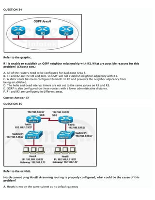 QUESTION 34
Refer to the graphic.
R1 is unable to establish an OSPF neighbor relationship with R3. What are possible reasons for this
problem? (Choose two.)
A. All of the routers need to be configured for backbone Area 1.
B. R1 and R2 are the DR and BDR, so OSPF will not establish neighbor adjacency with R3.
C. A static route has been configured from R1 to R3 and prevents the neighbor adjacency from
being established.
D. The hello and dead interval timers are not set to the same values on R1 and R3.
E. EIGRP is also configured on these routers with a lower administrative distance.
F. R1 and R3 are configured in different areas.
Correct Answer: DF
QUESTION 35
Refer to the exhibit.
HostA cannot ping HostB. Assuming routing is properly configured, what could be the cause of this
problem?
A. HostA is not on the same subnet as its default gateway
 