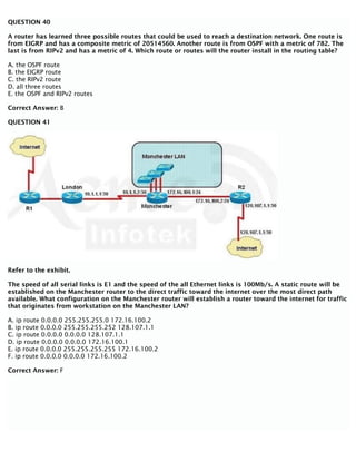 QUESTION 40
A router has learned three possible routes that could be used to reach a destination network. One route is
from EIGRP and has a composite metric of 20514560. Another route is from OSPF with a metric of 782. The
last is from RIPv2 and has a metric of 4. Which route or routes will the router install in the routing table?
A. the OSPF route
B. the EIGRP route
C. the RIPv2 route
D. all three routes
E. the OSPF and RIPv2 routes
Correct Answer: B
QUESTION 41
Refer to the exhibit.
The speed of all serial links is E1 and the speed of the all Ethernet links is 100Mb/s. A static route will be
established on the Manchester router to the direct traffic toward the internet over the most direct path
available. What configuration on the Manchester router will establish a router toward the internet for traffic
that originates from workstation on the Manchester LAN?
A. ip route 0.0.0.0 255.255.255.0 172.16.100.2
B. ip route 0.0.0.0 255.255.255.252 128.107.1.1
C. ip route 0.0.0.0 0.0.0.0 128.107.1.1
D. ip route 0.0.0.0 0.0.0.0 172.16.100.1
E. ip route 0.0.0.0 255.255.255.255 172.16.100.2
F. ip route 0.0.0.0 0.0.0.0 172.16.100.2
Correct Answer: F
 