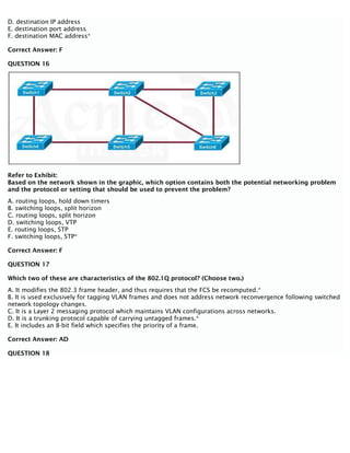 D. destination IP address
E. destination port address
F. destination MAC address*
Correct Answer: F
QUESTION 16
Refer to Exhibit:
Based on the network shown in the graphic, which option contains both the potential networking problem
and the protocol or setting that should be used to prevent the problem?
A. routing loops, hold down timers
B. switching loops, split horizon
C. routing loops, split horizon
D. switching loops, VTP
E. routing loops, STP
F. switching loops, STP*
Correct Answer: F
QUESTION 17
Which two of these are characteristics of the 802.1Q protocol? (Choose two.)
A. It modifies the 802.3 frame header, and thus requires that the FCS be recomputed.*
B. It is used exclusively for tagging VLAN frames and does not address network reconvergence following switched
network topology changes.
C. It is a Layer 2 messaging protocol which maintains VLAN configurations across networks.
D. It is a trunking protocol capable of carrying untagged frames.*
E. It includes an 8-bit field which specifies the priority of a frame.
Correct Answer: AD
QUESTION 18
 