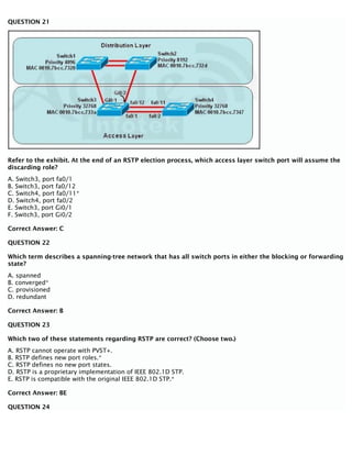 QUESTION 21
Refer to the exhibit. At the end of an RSTP election process, which access layer switch port will assume the
discarding role?
A. Switch3, port fa0/1
B. Switch3, port fa0/12
C. Switch4, port fa0/11*
D. Switch4, port fa0/2
E. Switch3, port Gi0/1
F. Switch3, port Gi0/2
Correct Answer: C
QUESTION 22
Which term describes a spanning-tree network that has all switch ports in either the blocking or forwarding
state?
A. spanned
B. converged*
C. provisioned
D. redundant
Correct Answer: B
QUESTION 23
Which two of these statements regarding RSTP are correct? (Choose two.)
A. RSTP cannot operate with PVST+.
B. RSTP defines new port roles.*
C. RSTP defines no new port states.
D. RSTP is a proprietary implementation of IEEE 802.1D STP.
E. RSTP is compatible with the original IEEE 802.1D STP.*
Correct Answer: BE
QUESTION 24
 