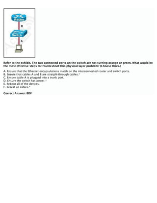 Refer to the exhibit. The two connected ports on the switch are not turning orange or green. What would be
the most effective steps to troubleshoot this physical layer problem? (Choose three.)
A. Ensure that the Ethernet encapsulations match on the interconnected router and switch ports.
B. Ensure that cables A and B are straight-through cables.*
C. Ensure cable A is plugged into a trunk port.
D. Ensure the switch has power.*
E. Reboot all of the devices.
F. Reseat all cables.*
Correct Answer: BDF
 