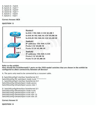 A. Switch A – Fa0/0
B. Switch A – Fa0/1*
C. Switch B – Fa0/0*
D. Switch B – Fa0/1*
E. Switch C – Fa0/0
F. Switch C – Fa0/1
Correct Answer: BCD
QUESTION 13
Refer to the exhibit.
How should the FastEthernet0/1 ports on the 2950 model switches that are shown in the exhibit be
configured to allow connectivity between all devices?
A. The ports only need to be connected by a crossover cable.
B. SwitchX(config)# interface fastethernet 0/1
SwitchX(config-if)# switchport mode trunk ************
C. SwitchX(config)# interface fastethernet 0/1
SwitchX(config-it)#switchport mode access
SwitchX(config-it)#switchport access vlan 1
D. SwitchX(config)#interface fastethernet 0/1
SwitchX(config-if)#switchport mode trunk
SwitchX(config-it)#switchport trunk vlan 1
SwitchX(config-if)#switchport trunk vlan 10
SwitchX(config-it)#switchport trunk vlan 20
Correct Answer: B
QUESTION 14
 