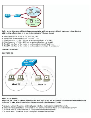 Refer to the diagram. All hosts have connectivity with one another. Which statements describe the
addressing scheme that is in use in the network? (Choose three.)
A. The subnet mask in use is 255.255.255.192.
B. The subnet mask in use is 255.255.255.128.*
C. The IP address 172.16.1.25 can be assigned to hosts in VLAN1*
D. The IP address 172.16.1.205 can be assigned to hosts in VLAN1
E. The LAN interface of the router is configured with one IP address.
F. The LAN interface of the router is configured with multiple IP addresses.*
Correct Answer: BCF
QUESTION 25
Refer to the exhibit.
Hosts on the same VLAN can communicate with each other but are unable to communicate with hosts on
different VLANs. What is needed to allow communication between VLANs?
A. a router with an IP address on the physical interface that is connected to the switch.
B. a router with subinterfaces configured on the physical interface that is connected to the switch.*
C. a switch with an access link that is configured between the switches.
D. a switch with a trunk link that is configured between the switches.
 