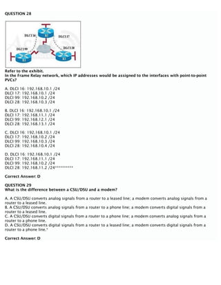 QUESTION 28
Refer to the exhibit.
In the Frame Relay network, which IP addresses would be assigned to the interfaces with point-to-point
PVCs?
A. DLCI 16: 192.168.10.1 /24
DLCI 17: 192.168.10.1 /24
DLCI 99: 192.168.10.2 /24
DLCI 28: 192.168.10.3 /24
B. DLCI 16: 192.168.10.1 /24
DLCI 17: 192.168.11.1 /24
DLCI 99: 192.168.12.1 /24
DLCI 28: 192.168.13.1 /24
C. DLCI 16: 192.168.10.1 /24
DLCI 17: 192.168.10.2 /24
DLCI 99: 192.168.10.3 /24
DLCI 28: 192.168.10.4 /24
D. DLCI 16: 192.168.10.1 /24
DLCI 17: 192.168.11.1 /24
DLCI 99: 192.168.10.2 /24
DLCI 28: 192.168.11.2 /24**********
Correct Answer: D
QUESTION 29
What is the difference between a CSU/DSU and a modem?
A. A CSU/DSU converts analog signals from a router to a leased line; a modem converts analog signals from a
router to a leased line.
B. A CSU/DSU converts analog signals from a router to a phone line; a modem converts digital signals from a
router to a leased line.
C. A CSU/DSU converts digital signals from a router to a phone line; a modem converts analog signals from a
router to a phone line.
D. A CSU/DSU converts digital signals from a router to a leased line; a modem converts digital signals from a
router to a phone line.*
Correct Answer: D
 