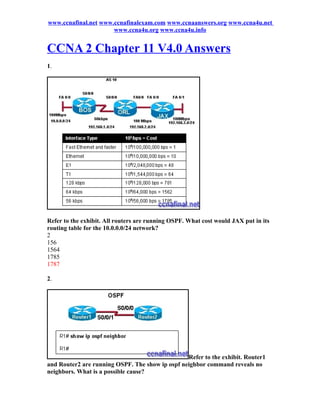 www.ccnafinal.net www.ccnafinalexam.com www.ccnaanswers.org www.ccna4u.net
                      www.ccna4u.org www.ccna4u.info


CCNA 2 Chapter 11 V4.0 Answers
1.




Refer to the exhibit. All routers are running OSPF. What cost would JAX put in its
routing table for the 10.0.0.0/24 network?
2
156
1564
1785
1787

2.




                                                 Refer to the exhibit. Router1
and Router2 are running OSPF. The show ip ospf neighbor command reveals no
neighbors. What is a possible cause?
 