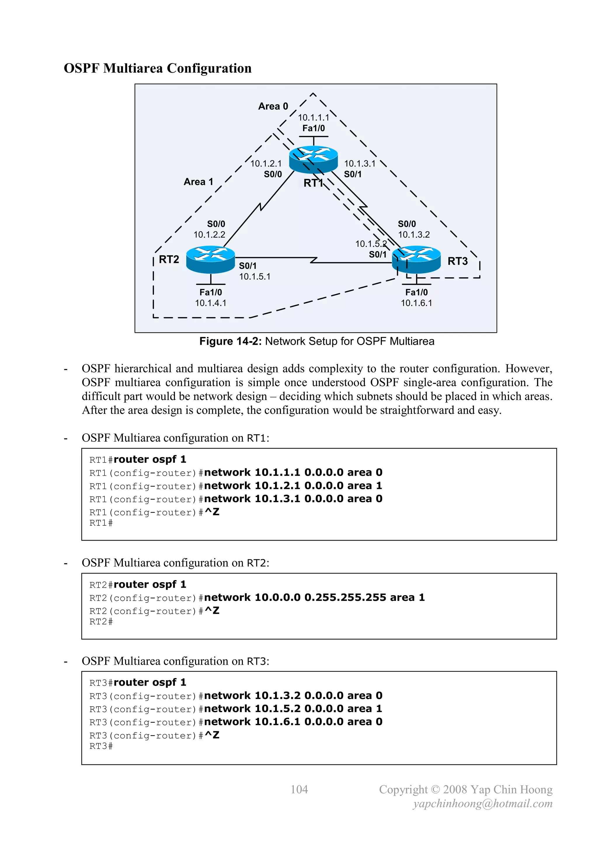 OSPF Multiarea Configuration

                                          Area 0
                                                    10.1.1.1
                                                     Fa1/0


                                        10.1.2.1               10.1.3.1
                                           S0/0                S0/1
                         Area 1                      RT1


                             S0/0                                            S0/0
                          10.1.2.2                                           10.1.3.2
                                                                 10.1.5.2
                                                                    S0/1
                   RT2                                                                  RT3
                                      S0/1
                                      10.1.5.1
                            Fa1/0                                             Fa1/0
                           10.1.4.1                                          10.1.6.1



                            Figure 14-2: Network Setup for OSPF Multiarea

-   OSPF hierarchical and multiarea design adds complexity to the router configuration. However,
    OSPF multiarea configuration is simple once understood OSPF single-area configuration. The
    difficult part would be network design – deciding which subnets should be placed in which areas.
    After the area design is complete, the configuration would be straightforward and easy.

-   OSPF Multiarea configuration on RT1:
     RT1#router ospf 1
     RT1(config-router)#network 10.1.1.1 0.0.0.0 area 0
     RT1(config-router)#network 10.1.2.1 0.0.0.0 area 1
     RT1(config-router)#network 10.1.3.1 0.0.0.0 area 0
     RT1(config-router)#^Z
     RT1#



-   OSPF Multiarea configuration on RT2:
     RT2#router ospf 1
     RT2(config-router)#network 10.0.0.0 0.255.255.255 area 1
     RT2(config-router)#^Z
     RT2#



-   OSPF Multiarea configuration on RT3:
     RT3#router ospf 1
     RT3(config-router)#network 10.1.3.2 0.0.0.0 area 0
     RT3(config-router)#network 10.1.5.2 0.0.0.0 area 1
     RT3(config-router)#network 10.1.6.1 0.0.0.0 area 0
     RT3(config-router)#^Z
     RT3#



                                                   104                    Copyright © 2008 Yap Chin Hoong
                                                                                yapchinhoong@hotmail.com
 