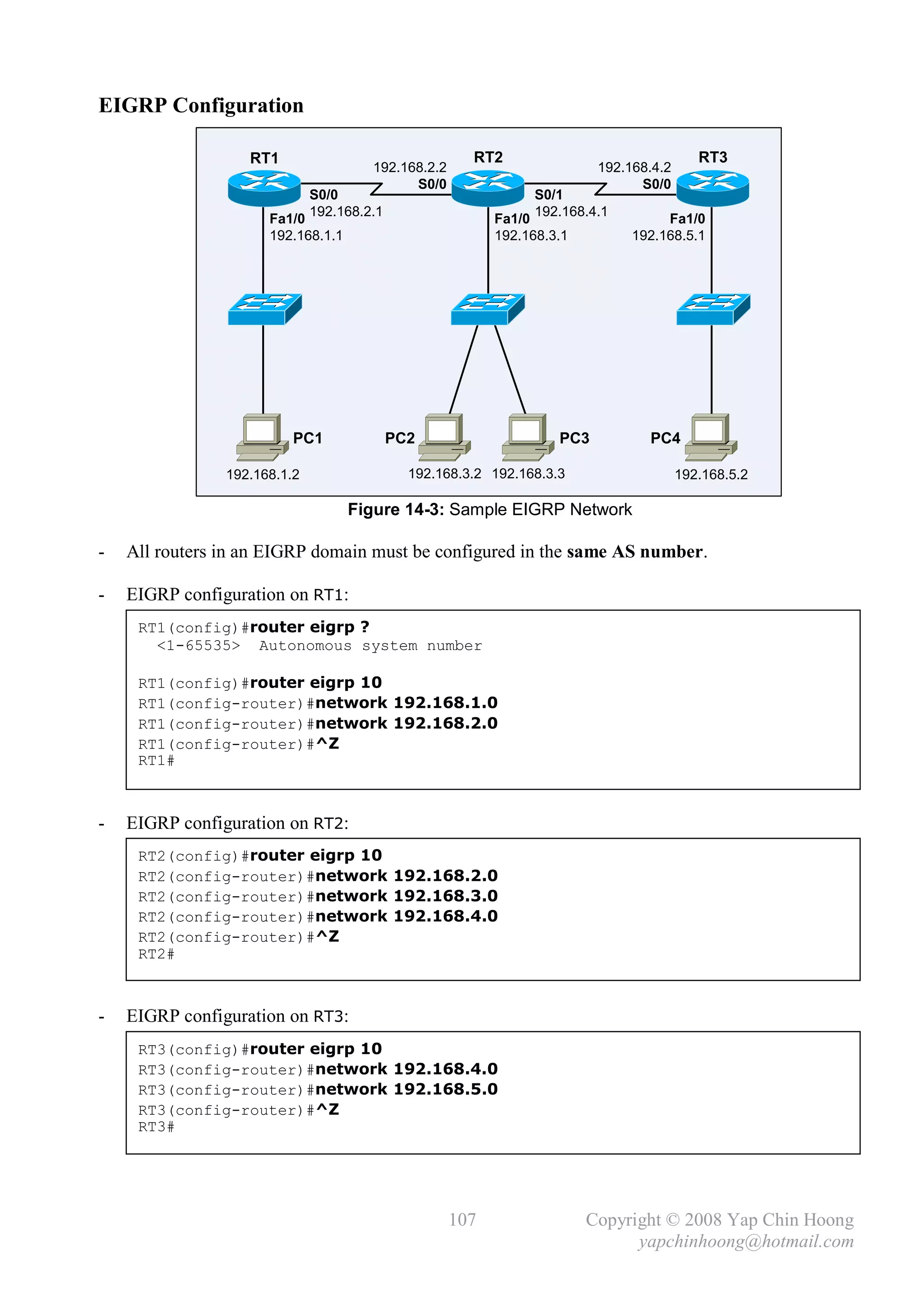 EIGRP Configuration

                   RT1                               RT2                                 RT3
                                     192.168.2.2                        192.168.4.2
                                           S0/0                               S0/0
                            S0/0                               S0/1
                            192.168.2.1                        192.168.4.1
                      Fa1/0                              Fa1/0                    Fa1/0
                      192.168.1.1                        192.168.3.1         192.168.5.1




                          PC1             PC2                     PC3          PC4

                192.168.1.2                 192.168.3.2 192.168.3.3                   192.168.5.2

                                 Figure 14-3: Sample EIGRP Network

-   All routers in an EIGRP domain must be configured in the same AS number.

-   EIGRP configuration on RT1:
     RT1(config)#router eigrp ?
       <1-65535> Autonomous system number

     RT1(config)#router eigrp 10
     RT1(config-router)#network 192.168.1.0
     RT1(config-router)#network 192.168.2.0
     RT1(config-router)#^Z
     RT1#



-   EIGRP configuration on RT2:
     RT2(config)#router eigrp 10
     RT2(config-router)#network 192.168.2.0
     RT2(config-router)#network 192.168.3.0
     RT2(config-router)#network 192.168.4.0
     RT2(config-router)#^Z
     RT2#



-   EIGRP configuration on RT3:
     RT3(config)#router eigrp 10
     RT3(config-router)#network 192.168.4.0
     RT3(config-router)#network 192.168.5.0
     RT3(config-router)#^Z
     RT3#




                                                   107                Copyright © 2008 Yap Chin Hoong
                                                                            yapchinhoong@hotmail.com
 