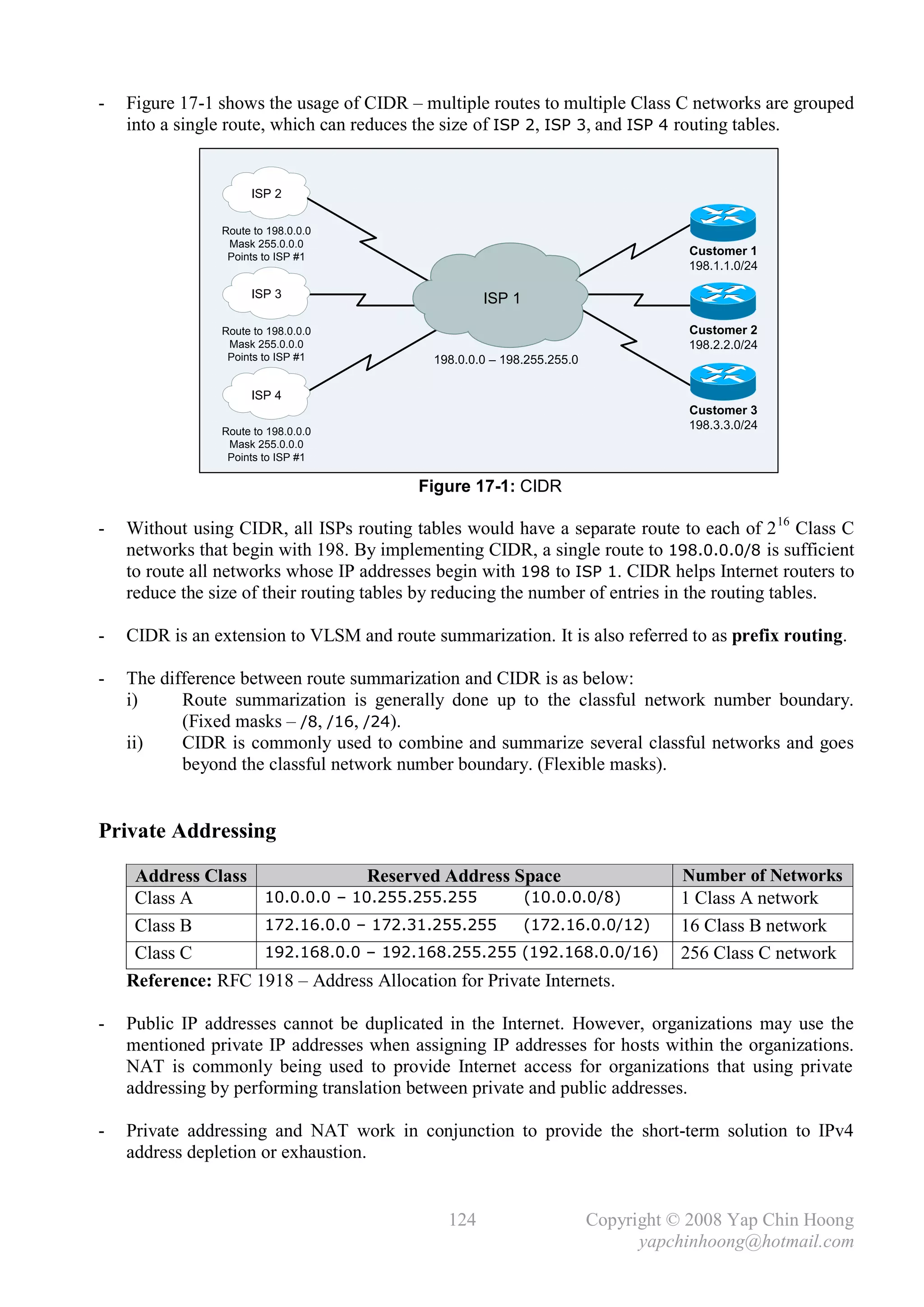 -   Figure 17-1 shows the usage of CIDR – multiple routes to multiple Class C networks are grouped
    into a single route, which can reduces the size of ISP 2, ISP 3, and ISP 4 routing tables.


                     ISP 2

                Route to 198.0.0.0
                 Mask 255.0.0.0
                 Points to ISP #1
                                                                                   Customer 1
                                                                                   198.1.1.0/24

                     ISP 3                          ISP 1

                Route to 198.0.0.0                                                 Customer 2
                 Mask 255.0.0.0                                                    198.2.2.0/24
                 Points to ISP #1           198.0.0.0 – 198.255.255.0

                     ISP 4
                                                                                   Customer 3
                Route to 198.0.0.0
                                                                                   198.3.3.0/24
                 Mask 255.0.0.0
                 Points to ISP #1

                                          Figure 17-1: CIDR

-   Without using CIDR, all ISPs routing tables would have a separate route to each of 2 16 Class C
    networks that begin with 198. By implementing CIDR, a single route to 198.0.0.0/8 is sufficient
    to route all networks whose IP addresses begin with 198 to ISP 1. CIDR helps Internet routers to
    reduce the size of their routing tables by reducing the number of entries in the routing tables.

-   CIDR is an extension to VLSM and route summarization. It is also referred to as prefix routing.

-   The difference between route summarization and CIDR is as below:
    i)     Route summarization is generally done up to the classful network number boundary.
           (Fixed masks – /8, /16, /24).
    ii)    CIDR is commonly used to combine and summarize several classful networks and goes
           beyond the classful network number boundary. (Flexible masks).


Private Addressing

     Address Class               Reserved Address Space                           Number of Networks
     Class A        10.0.0.0 – 10.255.255.255        .(10.0.0.0/8)                1 Class A network
     Class B        172.16.0.0 – 172.31.255.255 .(172.16.0.0/12)                  16 Class B network
     Class C        192.168.0.0 – 192.168.255.255 (192.168.0.0/16)                256 Class C network
    Reference: RFC 1918 – Address Allocation for Private Internets.

-   Public IP addresses cannot be duplicated in the Internet. However, organizations may use the
    mentioned private IP addresses when assigning IP addresses for hosts within the organizations.
    NAT is commonly being used to provide Internet access for organizations that using private
    addressing by performing translation between private and public addresses.

-   Private addressing and NAT work in conjunction to provide the short-term solution to IPv4
    address depletion or exhaustion.


                                              124                       Copyright © 2008 Yap Chin Hoong
                                                                              yapchinhoong@hotmail.com
 
