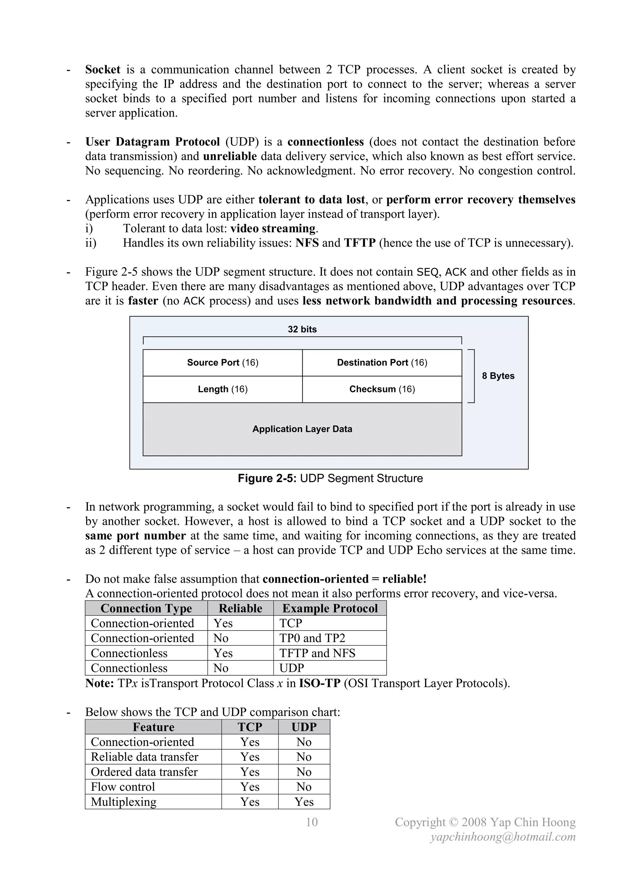 -   Socket is a communication channel between 2 TCP processes. A client socket is created by
    specifying the IP address and the destination port to connect to the server; whereas a server
    socket binds to a specified port number and listens for incoming connections upon started a
    server application.

-   User Datagram Protocol (UDP) is a connectionless (does not contact the destination before
    data transmission) and unreliable data delivery service, which also known as best effort service.
    No sequencing. No reordering. No acknowledgment. No error recovery. No congestion control.

-   Applications uses UDP are either tolerant to data lost, or perform error recovery themselves
    (perform error recovery in application layer instead of transport layer).
    i)     Tolerant to data lost: video streaming.
    ii)    Handles its own reliability issues: NFS and TFTP (hence the use of TCP is unnecessary).

-   Figure 2-5 shows the UDP segment structure. It does not contain SEQ, ACK and other fields as in
    TCP header. Even there are many disadvantages as mentioned above, UDP advantages over TCP
    are it is faster (no ACK process) and uses less network bandwidth and processing resources.

                                               32 bits


                        Source Port (16)                  Destination Port (16)
                                                                                     8 Bytes
                          Length (16)                        Checksum (16)



                                        Application Layer Data




                                   Figure 2-5: UDP Segment Structure

-   In network programming, a socket would fail to bind to specified port if the port is already in use
    by another socket. However, a host is allowed to bind a TCP socket and a UDP socket to the
    same port number at the same time, and waiting for incoming connections, as they are treated
    as 2 different type of service – a host can provide TCP and UDP Echo services at the same time.

-   Do not make false assumption that connection-oriented = reliable!
    A connection-oriented protocol does not mean it also performs error recovery, and vice-versa.
       Connection Type       Reliable     Example Protocol
     Connection-oriented    Yes          TCP
     Connection-oriented    No           TP0 and TP2
     Connectionless         Yes          TFTP and NFS
     Connectionless         No           UDP
    Note: TPx isTransport Protocol Class x in ISO-TP (OSI Transport Layer Protocols).

-   Below shows the TCP and UDP comparison chart:
             Feature          TCP      UDP
     Connection-oriented      Yes       No
     Reliable data transfer   Yes       No
     Ordered data transfer    Yes       No
     Flow control             Yes       No
     Multiplexing             Yes       Yes
                                                   10                  Copyright © 2008 Yap Chin Hoong
                                                                             yapchinhoong@hotmail.com
 