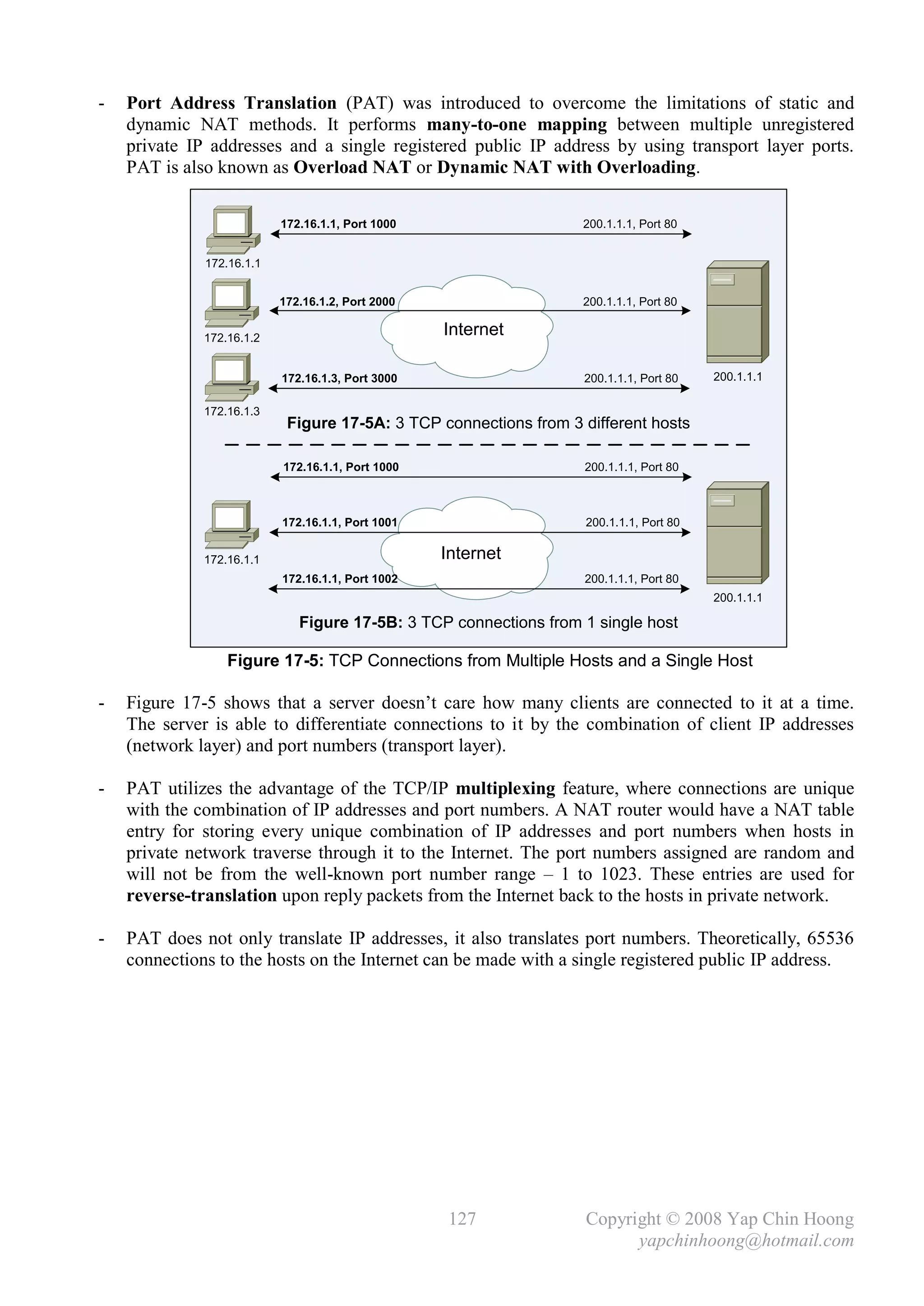 -   Port Address Translation (PAT) was introduced to overcome the limitations of static and
    dynamic NAT methods. It performs many-to-one mapping between multiple unregistered
    private IP addresses and a single registered public IP address by using transport layer ports.
    PAT is also known as Overload NAT or Dynamic NAT with Overloading.

                           172.16.1.1, Port 1000                   200.1.1.1, Port 80


              172.16.1.1


                           172.16.1.2, Port 2000                   200.1.1.1, Port 80


              172.16.1.2
                                                   Internet

                           172.16.1.3, Port 3000                   200.1.1.1, Port 80    200.1.1.1

              172.16.1.3
                            Figure 17-5A: 3 TCP connections from 3 different hosts

                           172.16.1.1, Port 1000                   200.1.1.1, Port 80



                           172.16.1.1, Port 1001                    200.1.1.1, Port 80


              172.16.1.1                           Internet
                           172.16.1.1, Port 1002                   200.1.1.1, Port 80
                                                                                         200.1.1.1

                              Figure 17-5B: 3 TCP connections from 1 single host

                  Figure 17-5: TCP Connections from Multiple Hosts and a Single Host

-   Figure 17-5 shows that a server doesn’t care how many clients are connected to it at a time.
    The server is able to differentiate connections to it by the combination of client IP addresses
    (network layer) and port numbers (transport layer).

-   PAT utilizes the advantage of the TCP/IP multiplexing feature, where connections are unique
    with the combination of IP addresses and port numbers. A NAT router would have a NAT table
    entry for storing every unique combination of IP addresses and port numbers when hosts in
    private network traverse through it to the Internet. The port numbers assigned are random and
    will not be from the well-known port number range – 1 to 1023. These entries are used for
    reverse-translation upon reply packets from the Internet back to the hosts in private network.

-   PAT does not only translate IP addresses, it also translates port numbers. Theoretically, 65536
    connections to the hosts on the Internet can be made with a single registered public IP address.




                                                   127              Copyright © 2008 Yap Chin Hoong
                                                                          yapchinhoong@hotmail.com
 