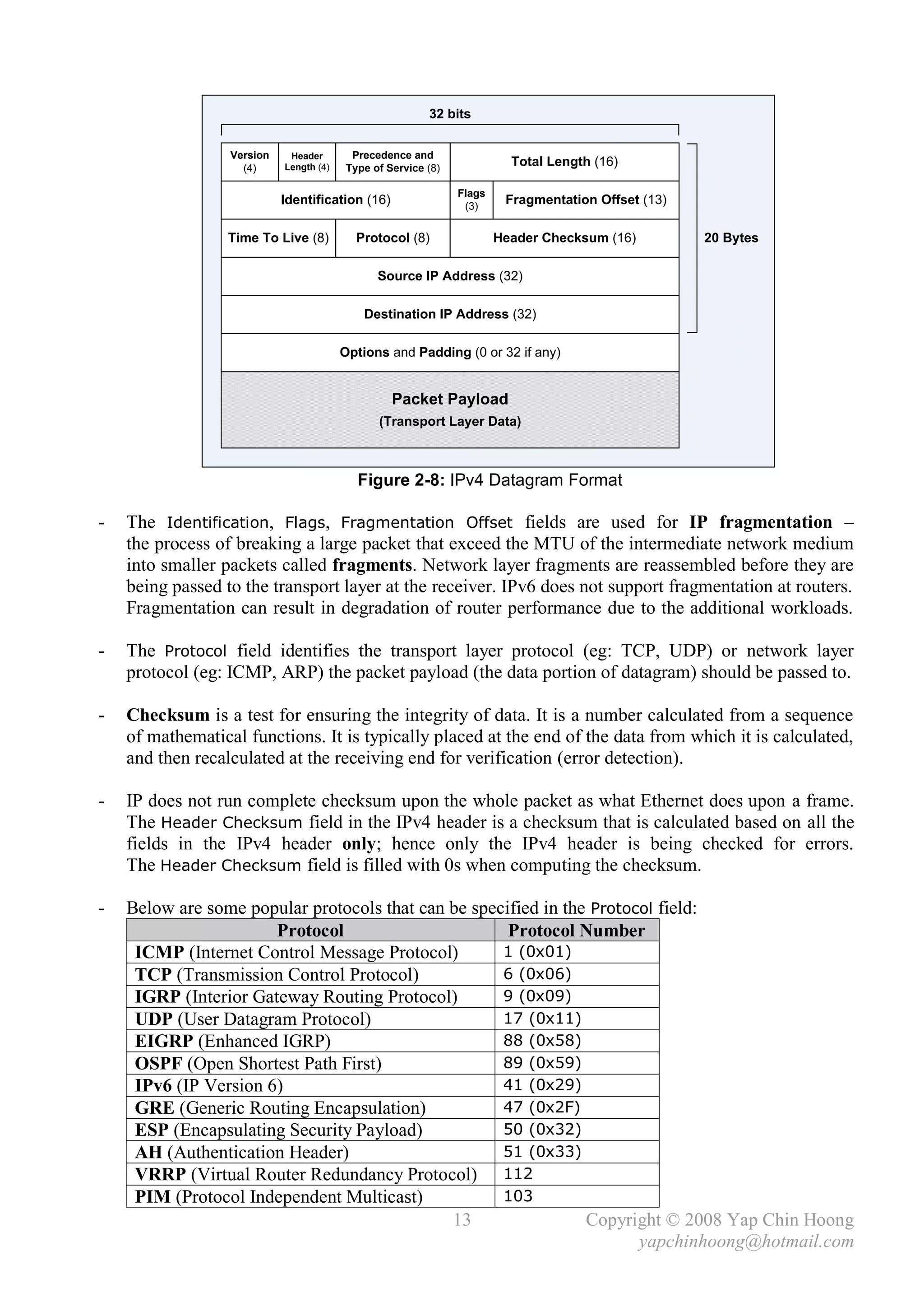 32 bits


                  Version    Header       Precedence and
                    (4)     Length (4)   Type of Service (8)
                                                                         Total Length (16)

                                                               Flags
                            Identification (16)                 (3)
                                                                        Fragmentation Offset (13)

                  Time To Live (8)         Protocol (8)                Header Checksum (16)         20 Bytes

                                               Source IP Address (32)

                                            Destination IP Address (32)

                                         Options and Padding (0 or 32 if any)


                                                  Packet Payload
                                               (Transport Layer Data)



                                           Figure 2-8: IPv4 Datagram Format

-   The Identification, Flags, Fragmentation Offset fields are used for IP fragmentation –
    the process of breaking a large packet that exceed the MTU of the intermediate network medium
    into smaller packets called fragments. Network layer fragments are reassembled before they are
    being passed to the transport layer at the receiver. IPv6 does not support fragmentation at routers.
    Fragmentation can result in degradation of router performance due to the additional workloads.

-   The Protocol field identifies the transport layer protocol (eg: TCP, UDP) or network layer
    protocol (eg: ICMP, ARP) the packet payload (the data portion of datagram) should be passed to.

-   Checksum is a test for ensuring the integrity of data. It is a number calculated from a sequence
    of mathematical functions. It is typically placed at the end of the data from which it is calculated,
    and then recalculated at the receiving end for verification (error detection).

-   IP does not run complete checksum upon the whole packet as what Ethernet does upon a frame.
    The Header Checksum field in the IPv4 header is a checksum that is calculated based on all the
    fields in the IPv4 header only; hence only the IPv4 header is being checked for errors.
    The Header Checksum field is filled with 0s when computing the checksum.

-   Below are some popular protocols that can be specified in the Protocol field:
                       Protocol                       Protocol Number
     ICMP (Internet Control Message Protocol)        1 (0x01)
     TCP (Transmission Control Protocol)             6 (0x06)
     IGRP (Interior Gateway Routing Protocol)        9 (0x09)
     UDP (User Datagram Protocol)                    17 (0x11)
     EIGRP (Enhanced IGRP)                           88 (0x58)
     OSPF (Open Shortest Path First)                 89 (0x59)
     IPv6 (IP Version 6)                             41 (0x29)
     GRE (Generic Routing Encapsulation)             47 (0x2F)
     ESP (Encapsulating Security Payload)            50 (0x32)
     AH (Authentication Header)                      51 (0x33)
     VRRP (Virtual Router Redundancy Protocol) 112
     PIM (Protocol Independent Multicast)            103
                                              13                 Copyright © 2008 Yap Chin Hoong
                                                                        yapchinhoong@hotmail.com
 