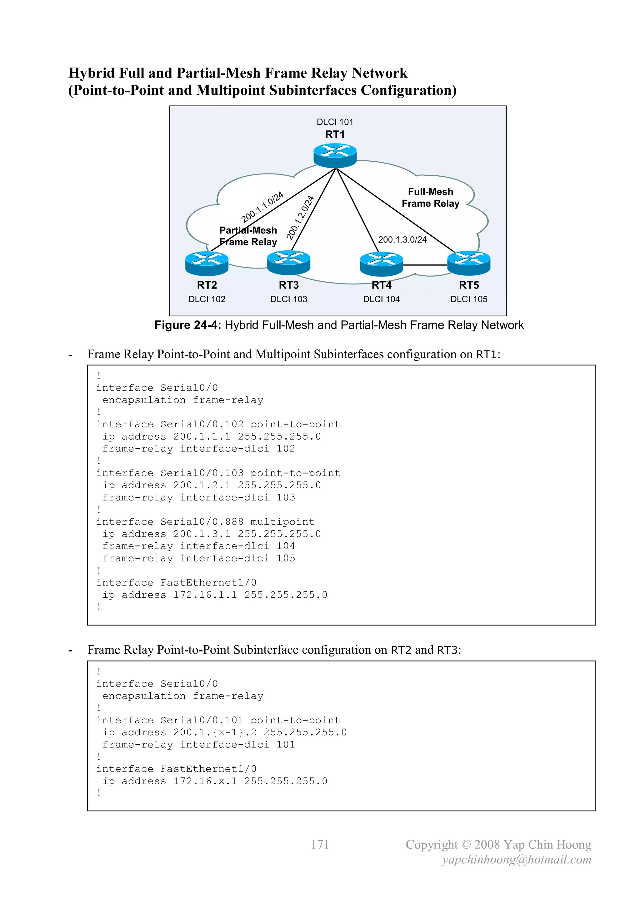 Hybrid Full and Partial-Mesh Frame Relay Network
(Point-to-Point and Multipoint Subinterfaces Configuration)
                                                                      DLCI 101
                                                                       RT1




                                                                                             Full-Mesh
                                                   / 24




                                                                /24
                                               0                                            Frame Relay
                                            .1.
                                        0.1




                                                              0
                                                           .2.
                                   20




                                                          0.1
                              Partial-Mesh




                                                          20
                              Frame Relay                                           200.1.3.0/24




                        RT2                         RT3                           RT4                 RT5
                      DLCI 102                DLCI 103                           DLCI 104            DLCI 105


                Figure 24-4: Hybrid Full-Mesh and Partial-Mesh Frame Relay Network

-   Frame Relay Point-to-Point and Multipoint Subinterfaces configuration on RT1:
     !
     interface Serial0/0
       encapsulation frame-relay
     !
     interface Serial0/0.102 point-to-point
       ip address 200.1.1.1 255.255.255.0
       frame-relay interface-dlci 102
     !
     interface Serial0/0.103 point-to-point
       ip address 200.1.2.1 255.255.255.0
       frame-relay interface-dlci 103
     !
     interface Serial0/0.888 multipoint
       ip address 200.1.3.1 255.255.255.0
       frame-relay interface-dlci 104
       frame-relay interface-dlci 105
     !
     interface FastEthernet1/0
       ip address 172.16.1.1 255.255.255.0
     !



-   Frame Relay Point-to-Point Subinterface configuration on RT2 and RT3:
     !
     interface Serial0/0
       encapsulation frame-relay
     !
     interface Serial0/0.101 point-to-point
       ip address 200.1.{x-1}.2 255.255.255.0
       frame-relay interface-dlci 101
     !
     interface FastEthernet1/0
       ip address 172.16.x.1 255.255.255.0
     !



                                                                  171                       Copyright © 2008 Yap Chin Hoong
                                                                                                  yapchinhoong@hotmail.com
 
