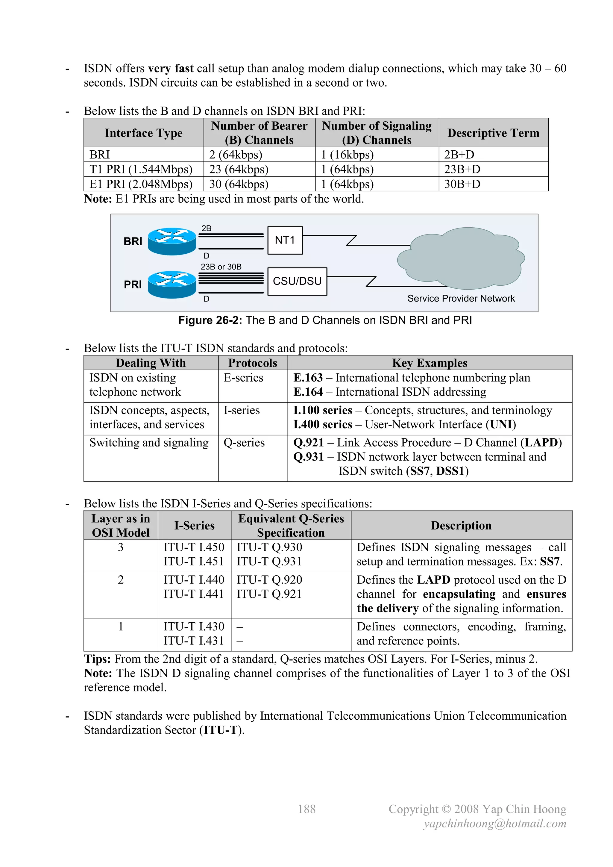 -   ISDN offers very fast call setup than analog modem dialup connections, which may take 30 – 60
    seconds. ISDN circuits can be established in a second or two.

-   Below lists the B and D channels on ISDN BRI and PRI:
                             Number of Bearer Number of Signaling
        Interface Type                                                      Descriptive Term
                                (B) Channels            (D) Channels
     BRI                     2 (64kbps)             1 (16kbps)              2B+D
     T1 PRI (1.544Mbps) 23 (64kbps)                 1 (64kbps)              23B+D
     E1 PRI (2.048Mbps) 30 (64kbps)                 1 (64kbps)              30B+D
    Note: E1 PRIs are being used in most parts of the world.

                           2B
           BRI                            NT1
                            D
                           23B or 30B

           PRI                           CSU/DSU
                           D                                        Service Provider Network

                      Figure 26-2: The B and D Channels on ISDN BRI and PRI

-   Below lists the ITU-T ISDN standards and protocols:
           Dealing With        Protocols                        Key Examples
     ISDN on existing         E-series      E.163 – International telephone numbering plan
     telephone network                      E.164 – International ISDN addressing
     ISDN concepts, aspects, I-series       I.100 series – Concepts, structures, and terminology
     interfaces, and services               I.400 series – User-Network Interface (UNI)
     Switching and signaling Q-series       Q.921 – Link Access Procedure – D Channel (LAPD)
                                            Q.931 – ISDN network layer between terminal and
                                                     .ISDN switch (SS7, DSS1)


-   Below lists the ISDN I-Series and Q-Series specifications:
      Layer as in                  Equivalent Q-Series
                       I-Series                                           Description
      OSI Model                        Specification
           3         ITU-T I.450 ITU-T Q.930               Defines ISDN signaling messages – call
                     ITU-T I.451 ITU-T Q.931               setup and termination messages. Ex: SS7.
           2         ITU-T I.440 ITU-T Q.920               Defines the LAPD protocol used on the D
                     ITU-T I.441 ITU-T Q.921               channel for encapsulating and ensures
                                                           the delivery of the signaling information.
           1         ITU-T I.430 –                         Defines connectors, encoding, framing,
                     ITU-T I.431 –                         and reference points.
    Tips: From the 2nd digit of a standard, Q-series matches OSI Layers. For I-Series, minus 2.
    Note: The ISDN D signaling channel comprises of the functionalities of Layer 1 to 3 of the OSI
    reference model.

-   ISDN standards were published by International Telecommunications Union Telecommunication
    Standardization Sector (ITU-T).




                                                188             Copyright © 2008 Yap Chin Hoong
                                                                      yapchinhoong@hotmail.com
 