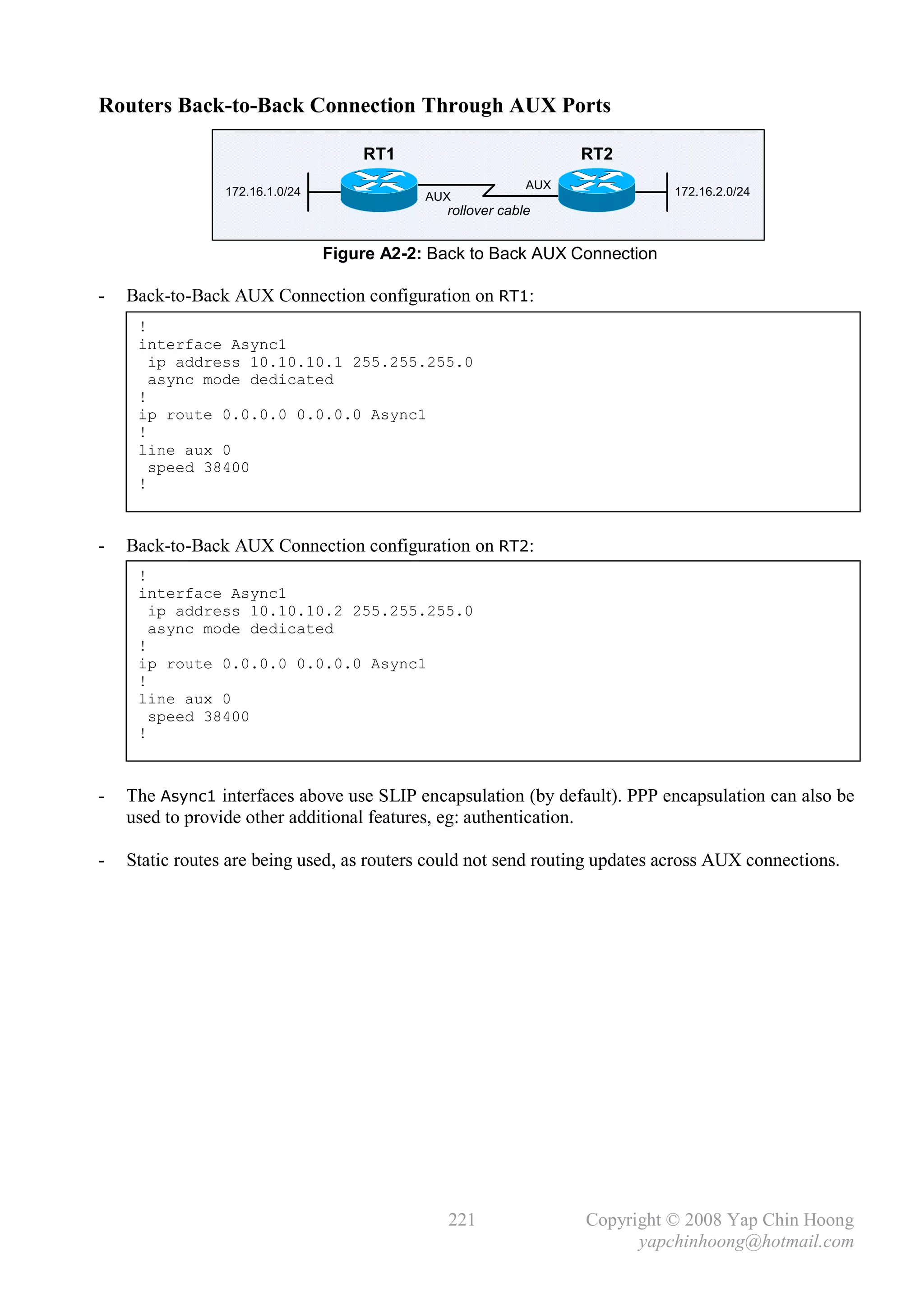 Routers Back-to-Back Connection Through AUX Ports

                                     RT1                          RT2
                                                            AUX
                 172.16.1.0/24               AUX                            172.16.2.0/24
                                               rollover cable


                                 Figure A2-2: Back to Back AUX Connection

-   Back-to-Back AUX Connection configuration on RT1:
     !
     interface Async1
       ip address 10.10.10.1 255.255.255.0
       async mode dedicated
     !
     ip route 0.0.0.0 0.0.0.0 Async1
     !
     line aux 0
       speed 38400
     !



-   Back-to-Back AUX Connection configuration on RT2:
     !
     interface Async1
       ip address 10.10.10.2 255.255.255.0
       async mode dedicated
     !
     ip route 0.0.0.0 0.0.0.0 Async1
     !
     line aux 0
       speed 38400
     !



-   The Async1 interfaces above use SLIP encapsulation (by default). PPP encapsulation can also be
    used to provide other additional features, eg: authentication.

-   Static routes are being used, as routers could not send routing updates across AUX connections.




                                                221               Copyright © 2008 Yap Chin Hoong
                                                                        yapchinhoong@hotmail.com
 