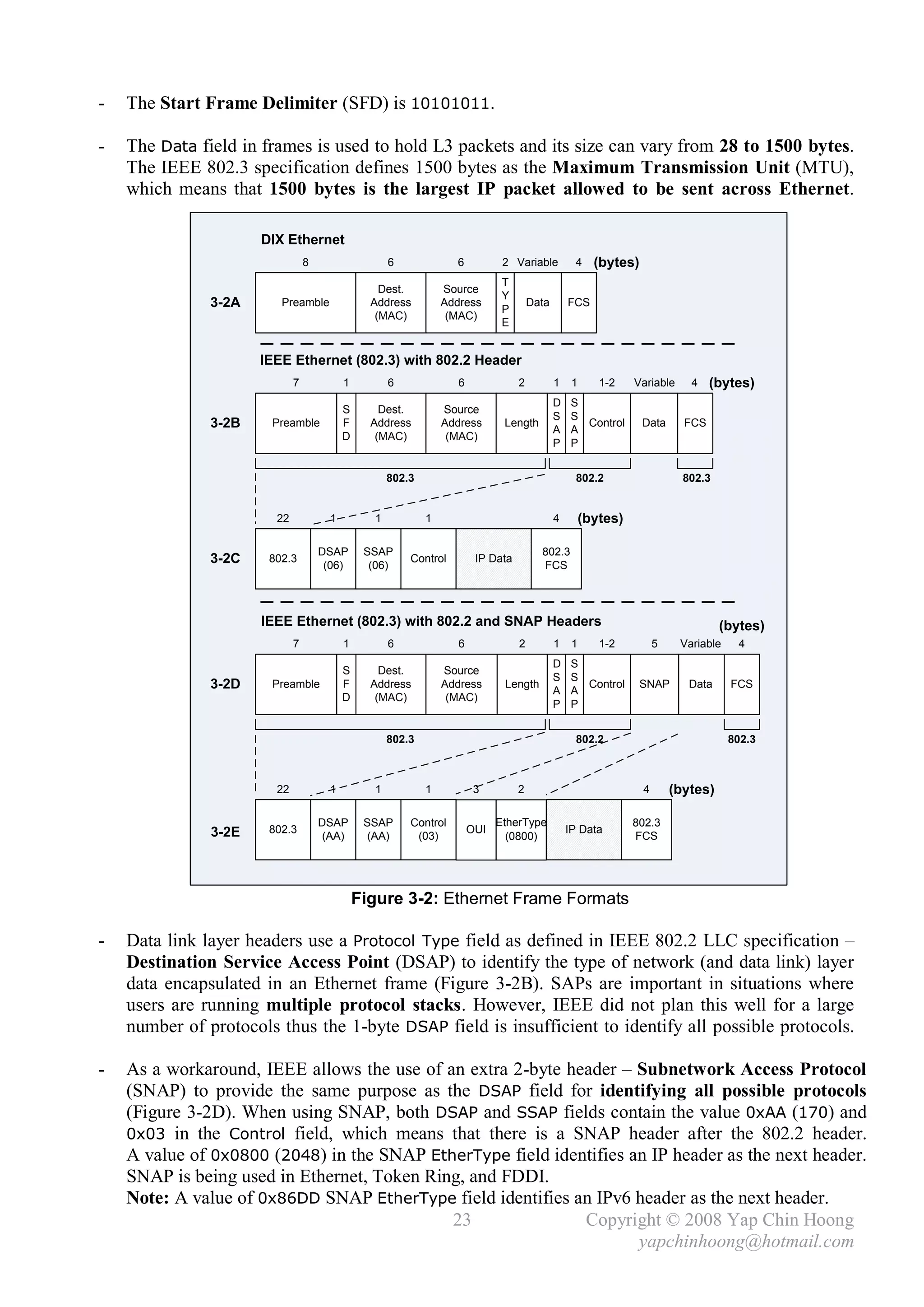 -   The Start Frame Delimiter (SFD) is 10101011.

-   The Data field in frames is used to hold L3 packets and its size can vary from 28 to 1500 bytes.
    The IEEE 802.3 specification defines 1500 bytes as the Maximum Transmission Unit (MTU),
    which means that 1500 bytes is the largest IP packet allowed to be sent across Ethernet.

                      DIX Ethernet
                                 8                  6             6           2 Variable          4     (bytes)
                                                                              T
                                                  Dest.         Source
                                                                              Y
               3-2A      Preamble               Address         Address
                                                                              P
                                                                                      Data       FCS
                                                 (MAC)           (MAC)
                                                                              E


                      IEEE Ethernet (802.3) with 802.2 Header
                             7            1         6              6              2          1    1      1-2    Variable     4    (bytes)
                                                                                             D    S
                                          S       Dest.         Source
                                                                                             S    S
               3-2B    Preamble           F     Address         Address       Length
                                                                                             A    A
                                                                                                    Control       Data      FCS
                                          D      (MAC)           (MAC)
                                                                                             P    P


                                                    802.3                                          802.2                    802.3


                        22            1         1           1                                4        (bytes)

                                     DSAP      SSAP                                     802.3
               3-2C    802.3
                                      (06)      (06)
                                                        Control         IP Data
                                                                                        FCS




                      IEEE Ethernet (802.3) with 802.2 and SNAP Headers                                                             (bytes)
                             7            1         6              6              2          1    1      1-2          5    Variable    4
                                                                                             D    S
                                          S       Dest.         Source
                                                                                             S    S
               3-2D    Preamble           F     Address         Address       Length
                                                                                             A    A
                                                                                                    Control       SNAP       Data     FCS
                                          D      (MAC)           (MAC)
                                                                                             P    P


                                                    802.3                                          802.2                              802.3



                        22            1         1           1           3         2                               4       (bytes)

                                     DSAP      SSAP     Control              EtherType                          802.3
               3-2E    802.3                                           OUI                       IP Data
                                      (AA)      (AA)     (03)                  (0800)                           FCS




                                              Figure 3-2: Ethernet Frame Formats

-   Data link layer headers use a Protocol Type field as defined in IEEE 802.2 LLC specification –
    Destination Service Access Point (DSAP) to identify the type of network (and data link) layer
    data encapsulated in an Ethernet frame (Figure 3-2B). SAPs are important in situations where
    users are running multiple protocol stacks. However, IEEE did not plan this well for a large
    number of protocols thus the 1-byte DSAP field is insufficient to identify all possible protocols.

-   As a workaround, IEEE allows the use of an extra 2-byte header – Subnetwork Access Protocol
    (SNAP) to provide the same purpose as the DSAP field for identifying all possible protocols
    (Figure 3-2D). When using SNAP, both DSAP and SSAP fields contain the value 0xAA (170) and
    0x03 in the Control field, which means that there is a SNAP header after the 802.2 header.
    A value of 0x0800 (2048) in the SNAP EtherType field identifies an IP header as the next header.
    SNAP is being used in Ethernet, Token Ring, and FDDI.
    Note: A value of 0x86DD SNAP EtherType field identifies an IPv6 header as the next header.
                                             23               Copyright © 2008 Yap Chin Hoong
                                                                     yapchinhoong@hotmail.com
 