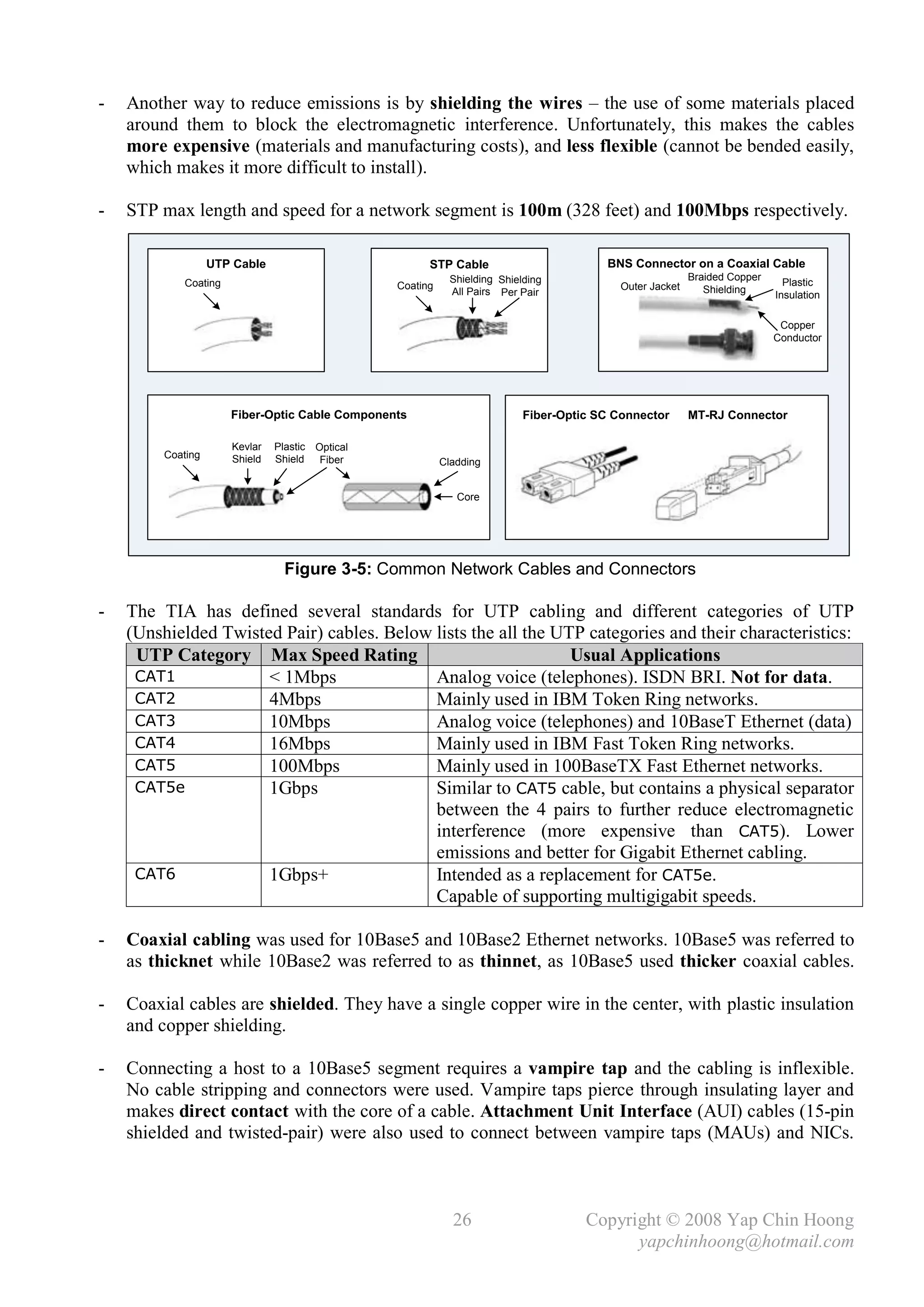 -   Another way to reduce emissions is by shielding the wires – the use of some materials placed
    around them to block the electromagnetic interference. Unfortunately, this makes the cables
    more expensive (materials and manufacturing costs), and less flexible (cannot be bended easily,
    which makes it more difficult to install).

-   STP max length and speed for a network segment is 100m (328 feet) and 100Mbps respectively.

                   UTP Cable                            STP Cable                         BNS Connector on a Coaxial Cable
                                                              Shielding Shielding                           Braided Copper
             Coating                              Coating                                    Outer Jacket                      Plastic
                                                              All Pairs Per Pair                               Shielding
                                                                                                                             Insulation

                                                                                                                              Copper
                                                                                                                             Conductor




                       Fiber-Optic Cable Components                          Fiber-Optic SC Connector       MT-RJ Connector

                       Kevlar   Plastic Optical
         Coating       Shield   Shield Fiber                Cladding


                                                               Core




                                  Figure 3-5: Common Network Cables and Connectors

-   The TIA has defined several standards for UTP cabling and different categories of UTP
    (Unshielded Twisted Pair) cables. Below lists the all the UTP categories and their characteristics:
     UTP Category Max Speed Rating                              Usual Applications
     CAT1             < 1Mbps               Analog voice (telephones). ISDN BRI. Not for data.
     CAT2             4Mbps                 Mainly used in IBM Token Ring networks.
     CAT3             10Mbps                Analog voice (telephones) and 10BaseT Ethernet (data)
     CAT4             16Mbps                Mainly used in IBM Fast Token Ring networks.
     CAT5             100Mbps               Mainly used in 100BaseTX Fast Ethernet networks.
     CAT5e            1Gbps                 Similar to CAT5 cable, but contains a physical separator
                                            between the 4 pairs to further reduce electromagnetic
                                            interference (more expensive than CAT5). Lower
                                            emissions and better for Gigabit Ethernet cabling.
     CAT6             1Gbps+                Intended as a replacement for CAT5e.
                                            Capable of supporting multigigabit speeds.

-   Coaxial cabling was used for 10Base5 and 10Base2 Ethernet networks. 10Base5 was referred to
    as thicknet while 10Base2 was referred to as thinnet, as 10Base5 used thicker coaxial cables.

-   Coaxial cables are shielded. They have a single copper wire in the center, with plastic insulation
    and copper shielding.

-   Connecting a host to a 10Base5 segment requires a vampire tap and the cabling is inflexible.
    No cable stripping and connectors were used. Vampire taps pierce through insulating layer and
    makes direct contact with the core of a cable. Attachment Unit Interface (AUI) cables (15-pin
    shielded and twisted-pair) were also used to connect between vampire taps (MAUs) and NICs.



                                                              26                       Copyright © 2008 Yap Chin Hoong
                                                                                             yapchinhoong@hotmail.com
 