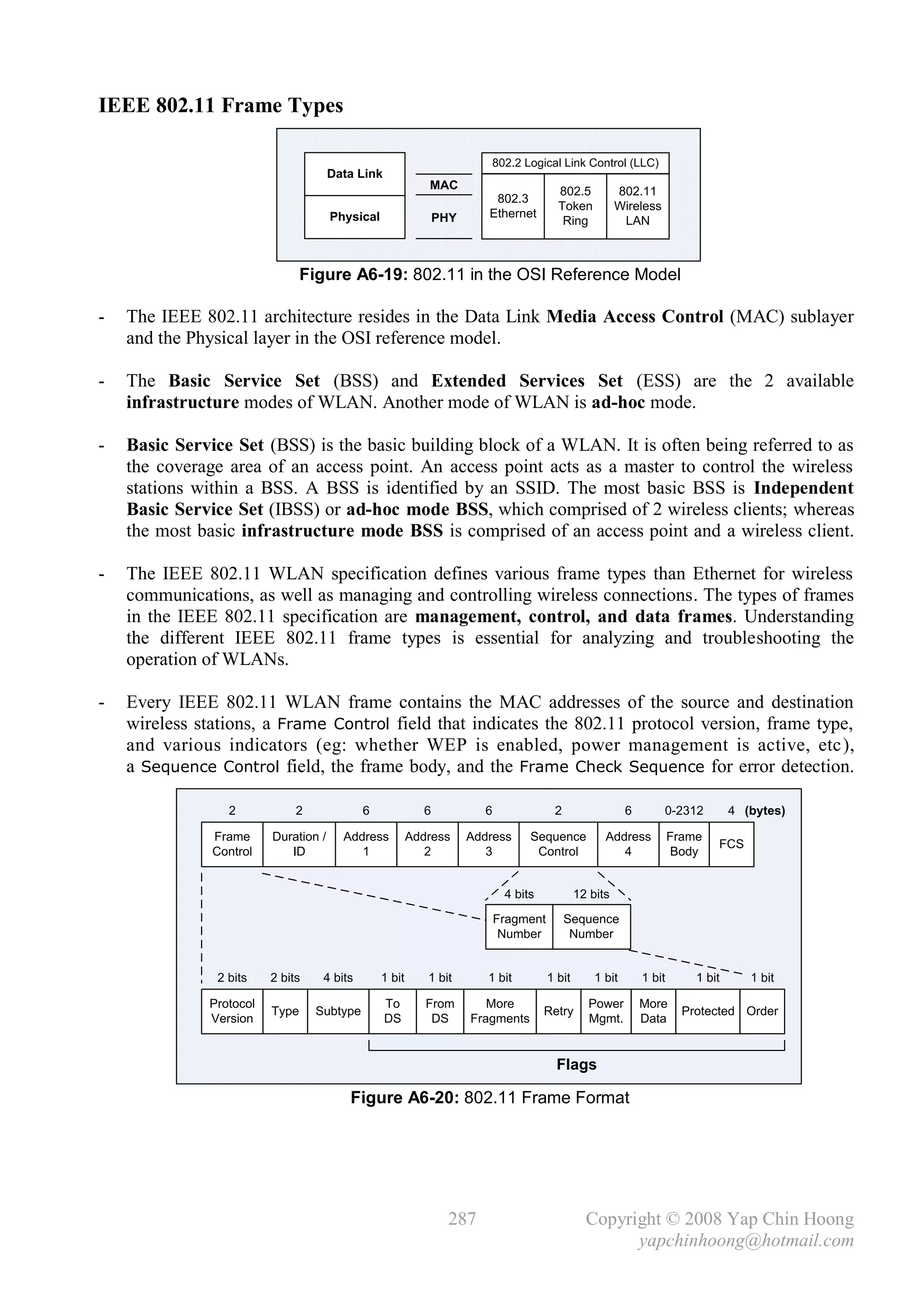 IEEE 802.11 Frame Types

                                                                         802.2 Logical Link Control (LLC)
                                      Data Link
                                                            MAC
                                                                                        802.5           802.11
                                                                         802.3
                                                                                        Token           Wireless
                                      Physical                 PHY      Ethernet
                                                                                         Ring            LAN



                                Figure A6-19: 802.11 in the OSI Reference Model

-   The IEEE 802.11 architecture resides in the Data Link Media Access Control (MAC) sublayer
    and the Physical layer in the OSI reference model.

-   The Basic Service Set (BSS) and Extended Services Set (ESS) are the 2 available
    infrastructure modes of WLAN. Another mode of WLAN is ad-hoc mode.

-   Basic Service Set (BSS) is the basic building block of a WLAN. It is often being referred to as
    the coverage area of an access point. An access point acts as a master to control the wireless
    stations within a BSS. A BSS is identified by an SSID. The most basic BSS is Independent
    Basic Service Set (IBSS) or ad-hoc mode BSS, which comprised of 2 wireless clients; whereas
    the most basic infrastructure mode BSS is comprised of an access point and a wireless client.

-   The IEEE 802.11 WLAN specification defines various frame types than Ethernet for wireless
    communications, as well as managing and controlling wireless connections. The types of frames
    in the IEEE 802.11 specification are management, control, and data frames. Understanding
    the different IEEE 802.11 frame types is essential for analyzing and troubleshooting the
    operation of WLANs.

-   Every IEEE 802.11 WLAN frame contains the MAC addresses of the source and destination
    wireless stations, a Frame Control field that indicates the 802.11 protocol version, frame type,
    and various indicators (eg: whether WEP is enabled, power management is active, etc ),
    a Sequence Control field, the frame body, and the Frame Check Sequence for error detection.

                  2           2             6              6           6               2                  6        0-2312         4 (bytes)

               Frame     Duration /     Address          Address     Address     Sequence           Address           Frame
                                                                                                                              FCS
               Control      ID             1                2           3         Control              4              Body


                                                                            4 bits            12 bits

                                                                           Fragment        Sequence
                                                                            Number          Number


                2 bits   2 bits    4 bits        1 bit      1 bit       1 bit         1 bit       1 bit       1 bit       1 bit      1 bit

              Protocol                            To        From        More                    Power         More
                         Type     Subtype                                            Retry                              Protected Order
              Version                             DS         DS      Fragments                  Mgmt.         Data


                                                                                        Flags

                                         Figure A6-20: 802.11 Frame Format




                                                                 287                            Copyright © 2008 Yap Chin Hoong
                                                                                                      yapchinhoong@hotmail.com
 