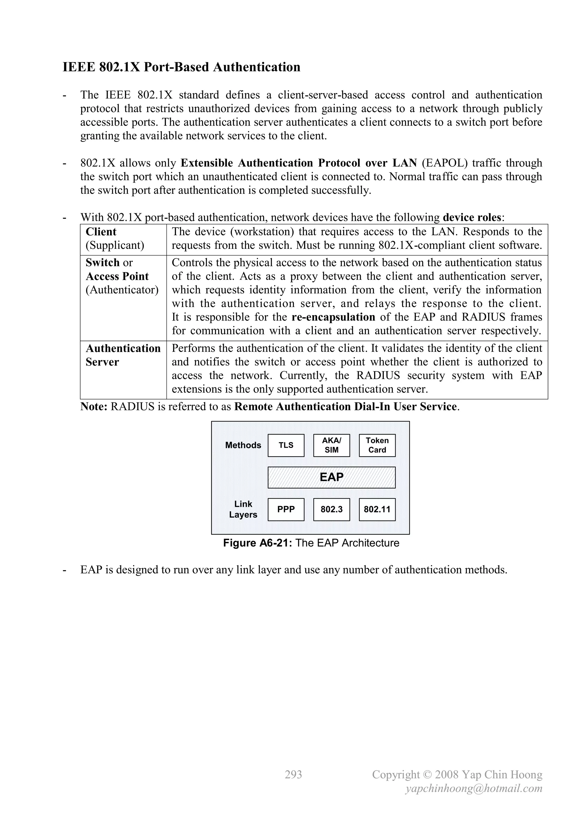 IEEE 802.1X Port-Based Authentication
-   The IEEE 802.1X standard defines a client-server-based access control and authentication
    protocol that restricts unauthorized devices from gaining access to a network through publicly
    accessible ports. The authentication server authenticates a client connects to a switch port before
    granting the available network services to the client.

-   802.1X allows only Extensible Authentication Protocol over LAN (EAPOL) traffic through
    the switch port which an unauthenticated client is connected to. Normal traffic can pass through
    the switch port after authentication is completed successfully.

-   With 802.1X port-based authentication, network devices have the following device roles:
     Client           The device (workstation) that requires access to the LAN. Responds to the
     (Supplicant)     requests from the switch. Must be running 802.1X-compliant client software.
     Switch or        Controls the physical access to the network based on the authentication status
     Access Point     of the client. Acts as a proxy between the client and authentication server,
     (Authenticator) which requests identity information from the client, verify the information
                      with the authentication server, and relays the response to the client.
                      It is responsible for the re-encapsulation of the EAP and RADIUS frames
                      for communication with a client and an authentication server respectively.
     Authentication Performs the authentication of the client. It validates the identity of the client
     Server           and notifies the switch or access point whether the client is authorized to
                      access the network. Currently, the RADIUS security system with EAP
                      extensions is the only supported authentication server.
    Note: RADIUS is referred to as Remote Authentication Dial-In User Service.

                                                       AKA/      Token
                                   Methods    TLS
                                                       SIM        Card


                                                       EAP

                                    Link
                                              PPP      802.3    802.11
                                   Layers


                                  Figure A6-21: The EAP Architecture

-   EAP is designed to run over any link layer and use any number of authentication methods.




                                               293                Copyright © 2008 Yap Chin Hoong
                                                                        yapchinhoong@hotmail.com
 
