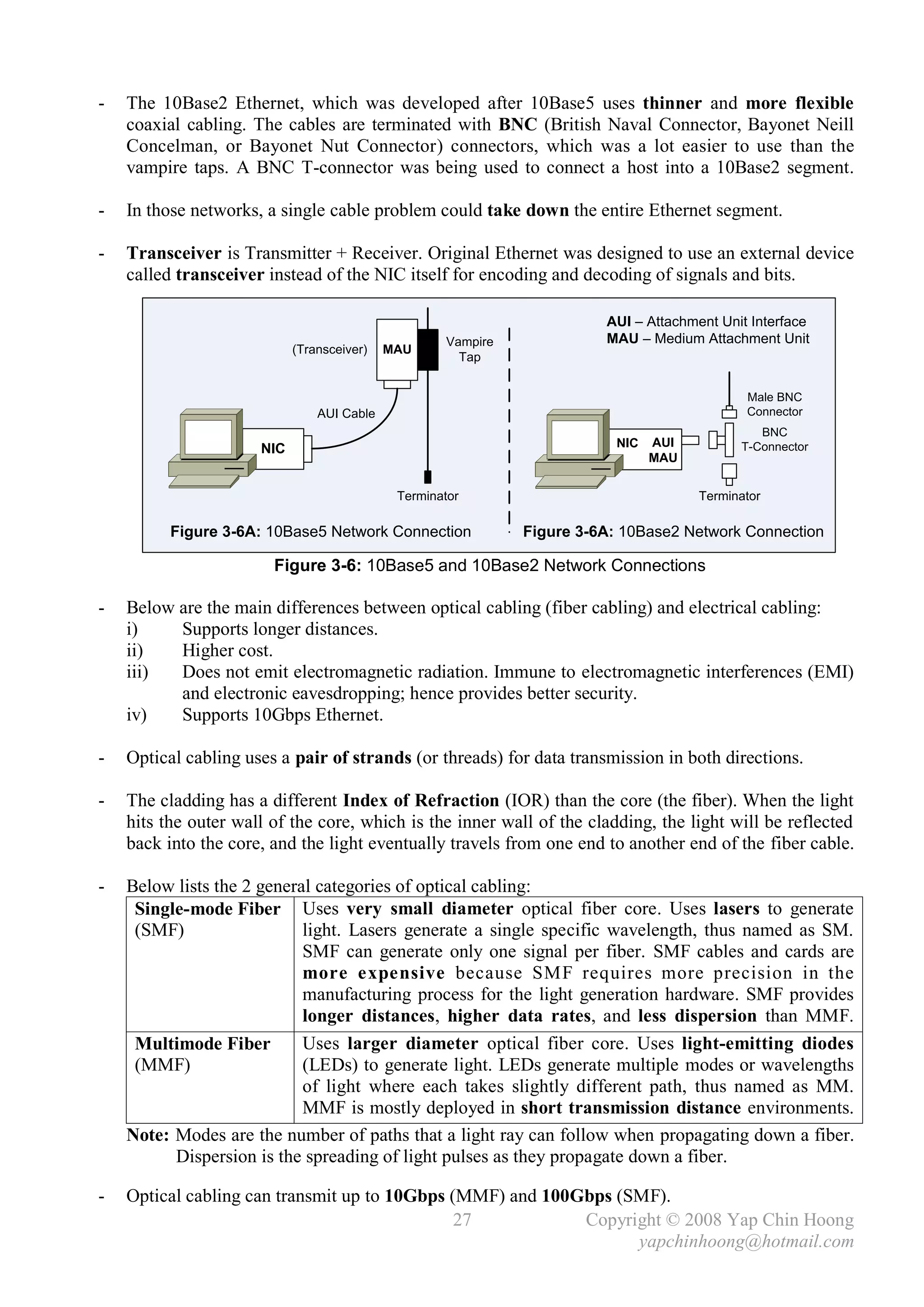 -   The 10Base2 Ethernet, which was developed after 10Base5 uses thinner and more flexible
    coaxial cabling. The cables are terminated with BNC (British Naval Connector, Bayonet Neill
    Concelman, or Bayonet Nut Connector) connectors, which was a lot easier to use than the
    vampire taps. A BNC T-connector was being used to connect a host into a 10Base2 segment.

-   In those networks, a single cable problem could take down the entire Ethernet segment.

-   Transceiver is Transmitter + Receiver. Original Ethernet was designed to use an external device
    called transceiver instead of the NIC itself for encoding and decoding of signals and bits.

                                                                        AUI – Attachment Unit Interface
                                                    Vampire             MAU – Medium Attachment Unit
                            (Transceiver)   MAU
                                                      Tap


                                                                                             Male BNC
                                AUI Cable                                                    Connector
                                                                                               BNC
                                                                          NIC   AUI         T-Connector
                      NIC
                                                                                MAU


                                             Terminator                               Terminator

          Figure 3-6A: 10Base5 Network Connection             Figure 3-6A: 10Base2 Network Connection

                        Figure 3-6: 10Base5 and 10Base2 Network Connections

-   Below are the main differences between optical cabling (fiber cabling) and electrical cabling:
    i)    Supports longer distances.
    ii)   Higher cost.
    iii)  Does not emit electromagnetic radiation. Immune to electromagnetic interferences (EMI)
          and electronic eavesdropping; hence provides better security.
    iv)   Supports 10Gbps Ethernet.

-   Optical cabling uses a pair of strands (or threads) for data transmission in both directions.

-   The cladding has a different Index of Refraction (IOR) than the core (the fiber). When the light
    hits the outer wall of the core, which is the inner wall of the cladding, the light will be reflected
    back into the core, and the light eventually travels from one end to another end of the fiber cable.

-   Below lists the 2 general categories of optical cabling:
     Single-mode Fiber Uses very small diameter optical fiber core. Uses lasers to generate
     (SMF)                  light. Lasers generate a single specific wavelength, thus named as SM.
                            SMF can generate only one signal per fiber. SMF cables and cards are
                            more expensive because SMF requires more precision in the
                            manufacturing process for the light generation hardware. SMF provides
                            longer distances, higher data rates, and less dispersion than MMF.
     Multimode Fiber        Uses larger diameter optical fiber core. Uses light-emitting diodes
     (MMF)                  (LEDs) to generate light. LEDs generate multiple modes or wavelengths
                            of light where each takes slightly different path, thus named as MM.
                            MMF is mostly deployed in short transmission distance environments.
    Note: Modes are the number of paths that a light ray can follow when propagating down a fiber.
          Dispersion is the spreading of light pulses as they propagate down a fiber.

-   Optical cabling can transmit up to 10Gbps (MMF) and 100Gbps (SMF).
                                               27           Copyright © 2008 Yap Chin Hoong
                                                                  yapchinhoong@hotmail.com
 