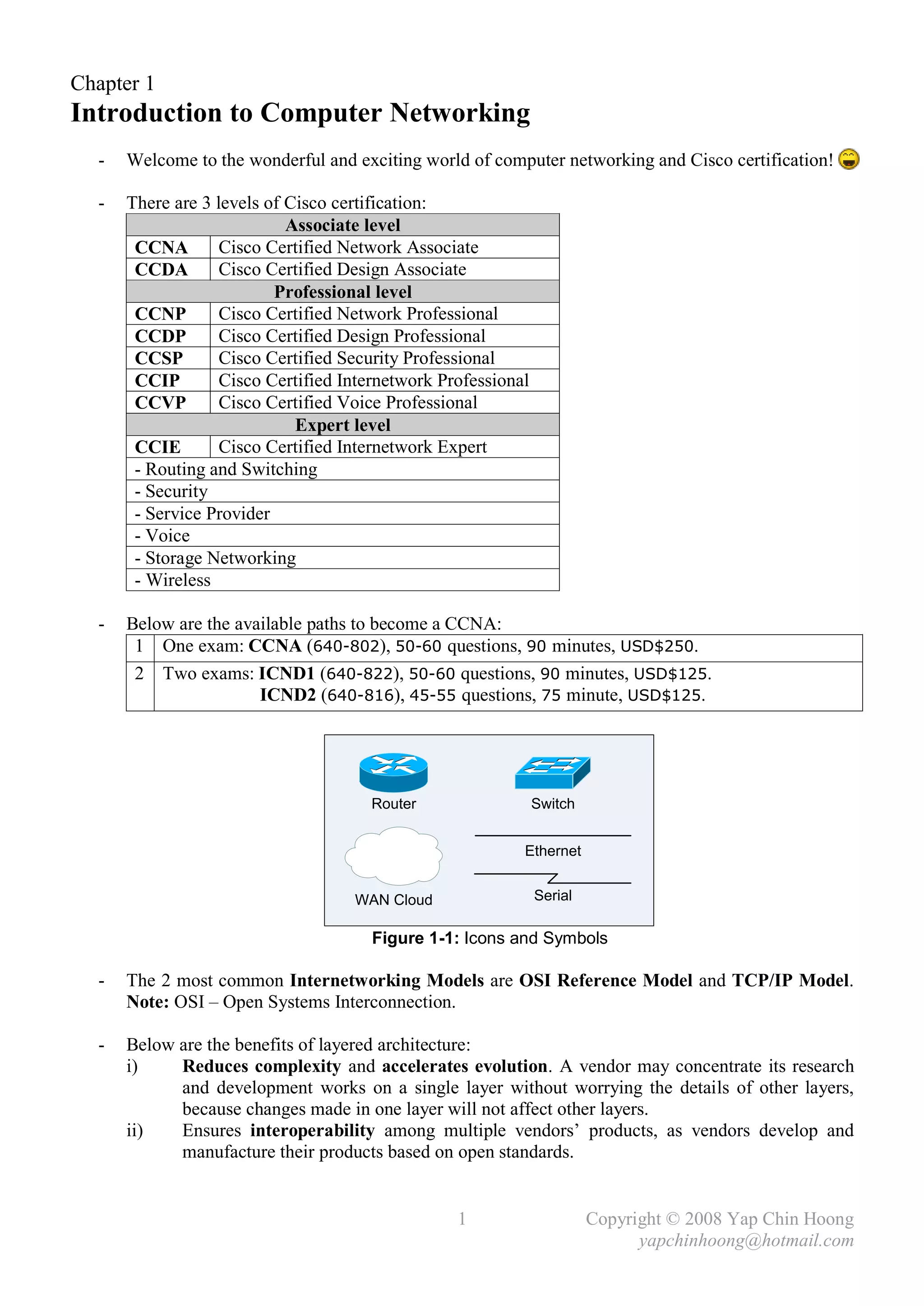 Chapter 1
Introduction to Computer Networking
  -   Welcome to the wonderful and exciting world of computer networking and Cisco certification!

  -   There are 3 levels of Cisco certification:
                            Associate level
       CCNA        Cisco Certified Network Associate
       CCDA        Cisco Certified Design Associate
                          Professional level
       CCNP        Cisco Certified Network Professional
       CCDP        Cisco Certified Design Professional
       CCSP        Cisco Certified Security Professional
       CCIP        Cisco Certified Internetwork Professional
       CCVP        Cisco Certified Voice Professional
                             Expert level
       CCIE        Cisco Certified Internetwork Expert
       - Routing and Switching
       - Security
       - Service Provider
       - Voice
       - Storage Networking
       - Wireless

  -   Below are the available paths to become a CCNA:
       1 One exam: CCNA (640-802), 50-60 questions, 90 minutes, USD$250.
       2 Two exams: ICND1 (640-822), 50-60 questions, 90 minutes, USD$125.
                      .ICND2 (640-816), 45-55 questions, 75 minute, USD$125.




                                      Router                   Switch


                                                           Ethernet


                                    WAN Cloud                  Serial

                                      Figure 1-1: Icons and Symbols

  -   The 2 most common Internetworking Models are OSI Reference Model and TCP/IP Model.
      Note: OSI – Open Systems Interconnection.

  -   Below are the benefits of layered architecture:
      i)    Reduces complexity and accelerates evolution. A vendor may concentrate its research
            and development works on a single layer without worrying the details of other layers,
            because changes made in one layer will not affect other layers.
      ii)   Ensures interoperability among multiple vendors’ products, as vendors develop and
            manufacture their products based on open standards.


                                                  1                     Copyright © 2008 Yap Chin Hoong
                                                                              yapchinhoong@hotmail.com
 