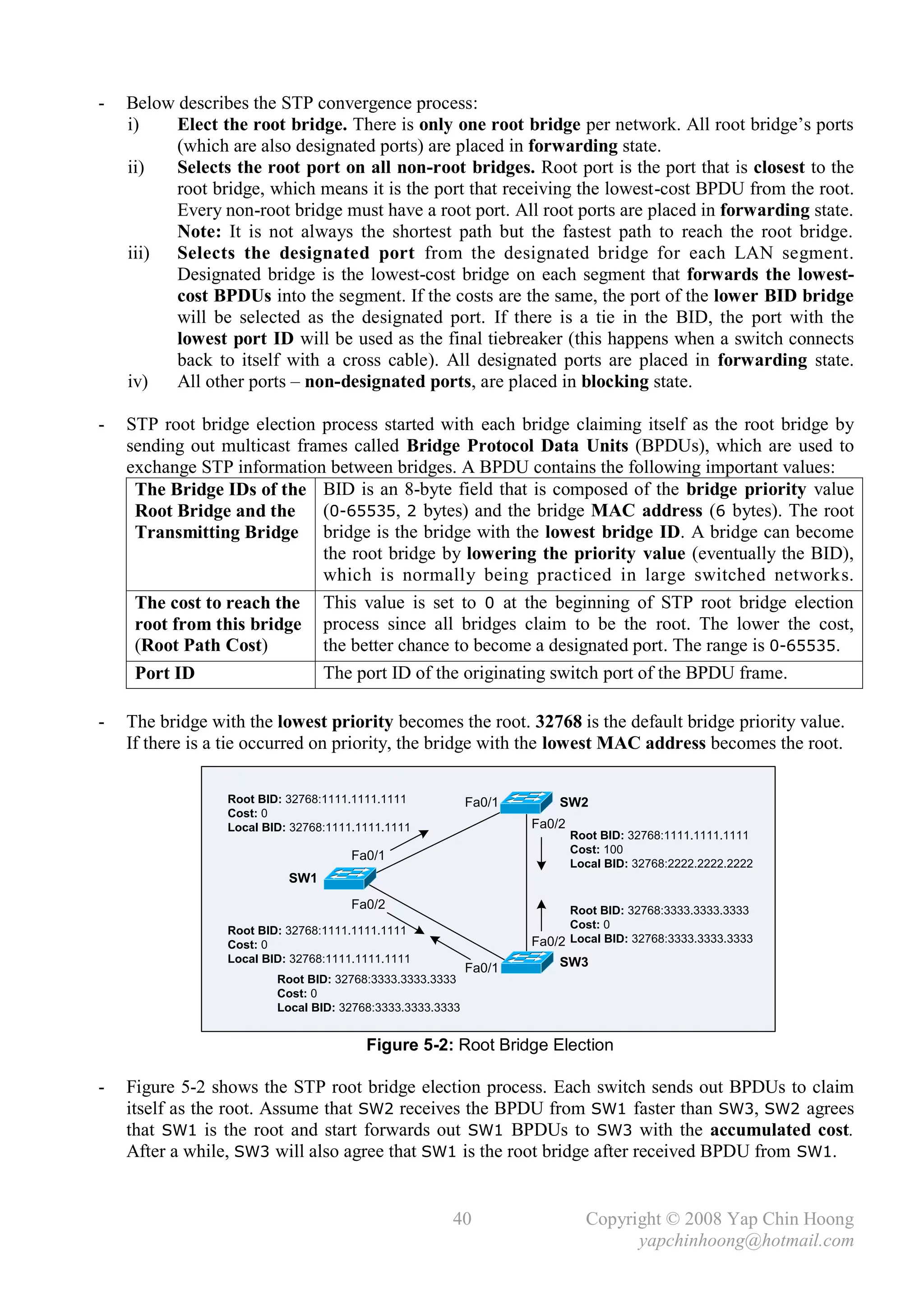 -   Below describes the STP convergence process:
    i)    Elect the root bridge. There is only one root bridge per network. All root bridge’s ports
          (which are also designated ports) are placed in forwarding state.
    ii)   Selects the root port on all non-root bridges. Root port is the port that is closest to the
          root bridge, which means it is the port that receiving the lowest-cost BPDU from the root.
          Every non-root bridge must have a root port. All root ports are placed in forwarding state.
          Note: It is not always the shortest path but the fastest path to reach the root bridge.
    iii) Selects the designated port from the designated bridge for each LAN segment.
          Designated bridge is the lowest-cost bridge on each segment that forwards the lowest-
          cost BPDUs into the segment. If the costs are the same, the port of the lower BID bridge
          will be selected as the designated port. If there is a tie in the BID, the port with the
          lowest port ID will be used as the final tiebreaker (this happens when a switch connects
          back to itself with a cross cable). All designated ports are placed in forwarding state.
    iv)   All other ports – non-designated ports, are placed in blocking state.

-   STP root bridge election process started with each bridge claiming itself as the root bridge by
    sending out multicast frames called Bridge Protocol Data Units (BPDUs), which are used to
    exchange STP information between bridges. A BPDU contains the following important values:
     The Bridge IDs of the BID is an 8-byte field that is composed of the bridge priority value
     Root Bridge and the (0-65535, 2 bytes) and the bridge MAC address (6 bytes). The root
     Transmitting Bridge bridge is the bridge with the lowest bridge ID. A bridge can become
                             the root bridge by lowering the priority value (eventually the BID),
                             which is normally being practiced in large switched networks.
     The cost to reach the This value is set to 0 at the beginning of STP root bridge election
     root from this bridge process since all bridges claim to be the root. The lower the cost,
     (Root Path Cost)        the better chance to become a designated port. The range is 0-65535.
     Port ID                 The port ID of the originating switch port of the BPDU frame.

-   The bridge with the lowest priority becomes the root. 32768 is the default bridge priority value.
    If there is a tie occurred on priority, the bridge with the lowest MAC address becomes the root.

                 Root BID: 32768:1111.1111.1111            Fa0/1       SW2
                 Cost: 0
                 Local BID: 32768:1111.1111.1111                   Fa0/2
                                                                           Root BID: 32768:1111.1111.1111
                                                                           Cost: 100
                                     Fa0/1
                                                                           Local BID: 32768:2222.2222.2222
                           SW1
                                     Fa0/2                               Root BID: 32768:3333.3333.3333
                                                                         Cost: 0
                 Root BID: 32768:1111.1111.1111
                 Cost: 0                                           Fa0/2 Local BID: 32768:3333.3333.3333
                 Local BID: 32768:1111.1111.1111                       SW3
                                                           Fa0/1
                         Root BID: 32768:3333.3333.3333
                         Cost: 0
                         Local BID: 32768:3333.3333.3333


                                        Figure 5-2: Root Bridge Election

-   Figure 5-2 shows the STP root bridge election process. Each switch sends out BPDUs to claim
    itself as the root. Assume that SW2 receives the BPDU from SW1 faster than SW3, SW2 agrees
    that SW1 is the root and start forwards out SW1 BPDUs to SW3 with the accumulated cost.
    After a while, SW3 will also agree that SW1 is the root bridge after received BPDU from SW1.


                                                      40                     Copyright © 2008 Yap Chin Hoong
                                                                                   yapchinhoong@hotmail.com
 