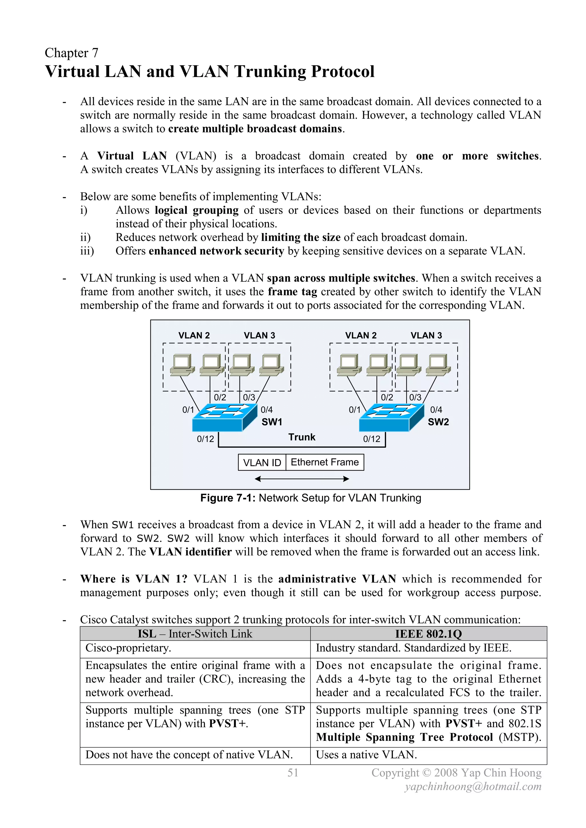 Chapter 7
Virtual LAN and VLAN Trunking Protocol
  -   All devices reside in the same LAN are in the same broadcast domain. All devices connected to a
      switch are normally reside in the same broadcast domain. However, a technology called VLAN
      allows a switch to create multiple broadcast domains.

  -   A Virtual LAN (VLAN) is a broadcast domain created by one or more switches.
      A switch creates VLANs by assigning its interfaces to different VLANs.

  -   Below are some benefits of implementing VLANs:
      i)    Allows logical grouping of users or devices based on their functions or departments
            instead of their physical locations.
      ii)   Reduces network overhead by limiting the size of each broadcast domain.
      iii)  Offers enhanced network security by keeping sensitive devices on a separate VLAN.

  -   VLAN trunking is used when a VLAN span across multiple switches. When a switch receives a
      frame from another switch, it uses the frame tag created by other switch to identify the VLAN
      membership of the frame and forwards it out to ports associated for the corresponding VLAN.

                          VLAN 2          VLAN 3              VLAN 2             VLAN 3




                                    0/2   0/3                              0/2   0/3
                           0/1                  0/4           0/1                      0/4
                                                SW1                                    SW2
                                 0/12                 Trunk         0/12

                                          VLAN ID Ethernet Frame


                                 Figure 7-1: Network Setup for VLAN Trunking

  -   When SW1 receives a broadcast from a device in VLAN 2, it will add a header to the frame and
      forward to SW2. SW2 will know which interfaces it should forward to all other members of
      VLAN 2. The VLAN identifier will be removed when the frame is forwarded out an access link.

  -   Where is VLAN 1? VLAN 1 is the administrative VLAN which is recommended for
      management purposes only; even though it still can be used for workgroup access purpose.

  -   Cisco Catalyst switches support 2 trunking protocols for inter-switch VLAN communication:
                  ISL – Inter-Switch Link                                IEEE 802.1Q
       Cisco-proprietary.                              Industry standard. Standardized by IEEE.
       Encapsulates the entire original frame with a Does not encapsulate the original frame.
       new header and trailer (CRC), increasing the Adds a 4-byte tag to the original Ethernet
       network overhead.                               header and a recalculated FCS to the trailer.
       Supports multiple spanning trees (one STP Supports multiple spanning trees (one STP
       instance per VLAN) with PVST+.                  instance per VLAN) with PVST+ and 802.1S
                                                       Multiple Spanning Tree Protocol (MSTP).
       Does not have the concept of native VLAN.       Uses a native VLAN.
                                                      51             Copyright © 2008 Yap Chin Hoong
                                                                           yapchinhoong@hotmail.com
 